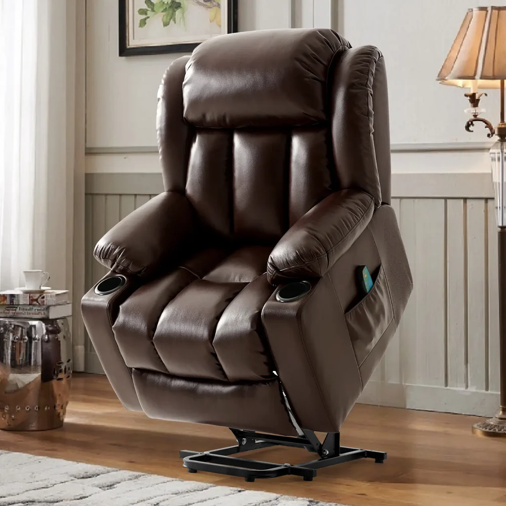 TEKAMON Infinite Position Lift Recliner Chair for Elderly with Heat Massage and Extended Footrest Lay Flat Sleeping Leather Dual Motor Power Lift Chair for Living Room (Brown)