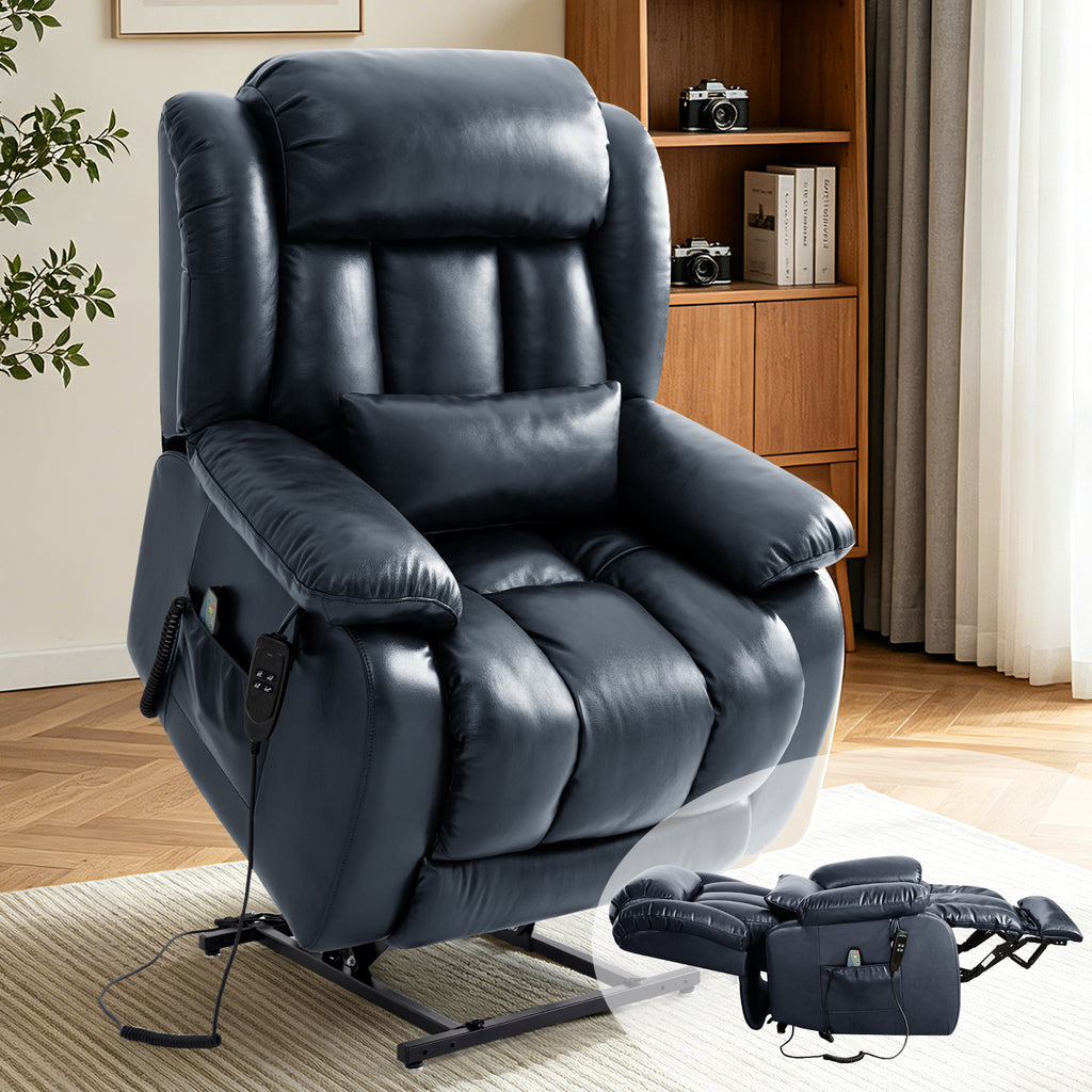 TEKAMON Infinite Position Lift Recliner Chair for Elderly with Heat Massage and Extended Footrest Lay Flat Sleeping Leather Dual Motor Power Lift Chair for Living Room (Blue)