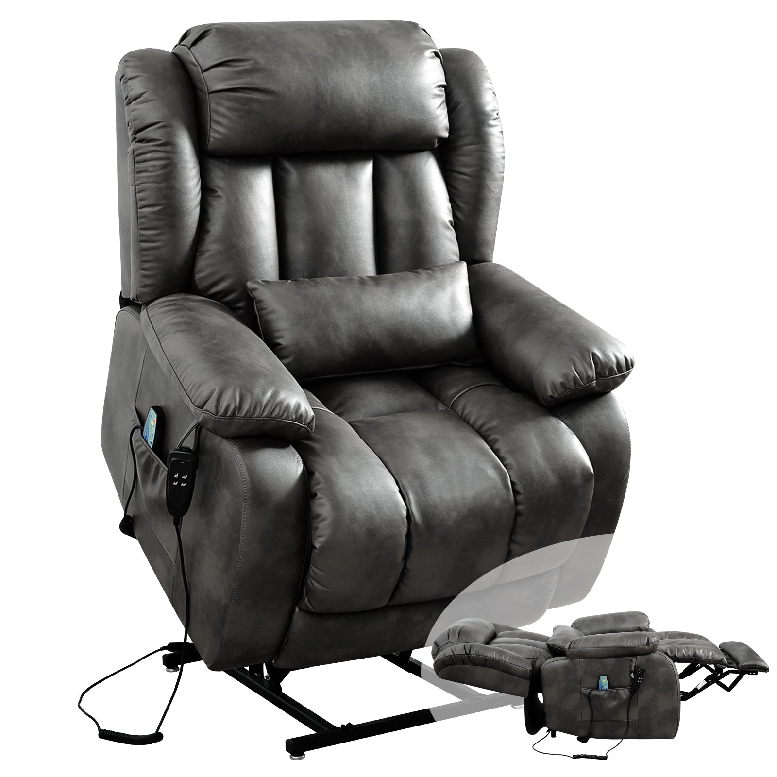 TEKAMON Infinite Position Lift Recliner Chair for Elderly with Heat Massage and Extended Footrest Lay Flat Sleeping Leather Dual Motor Power Lift Chair for Living Room (Grey)