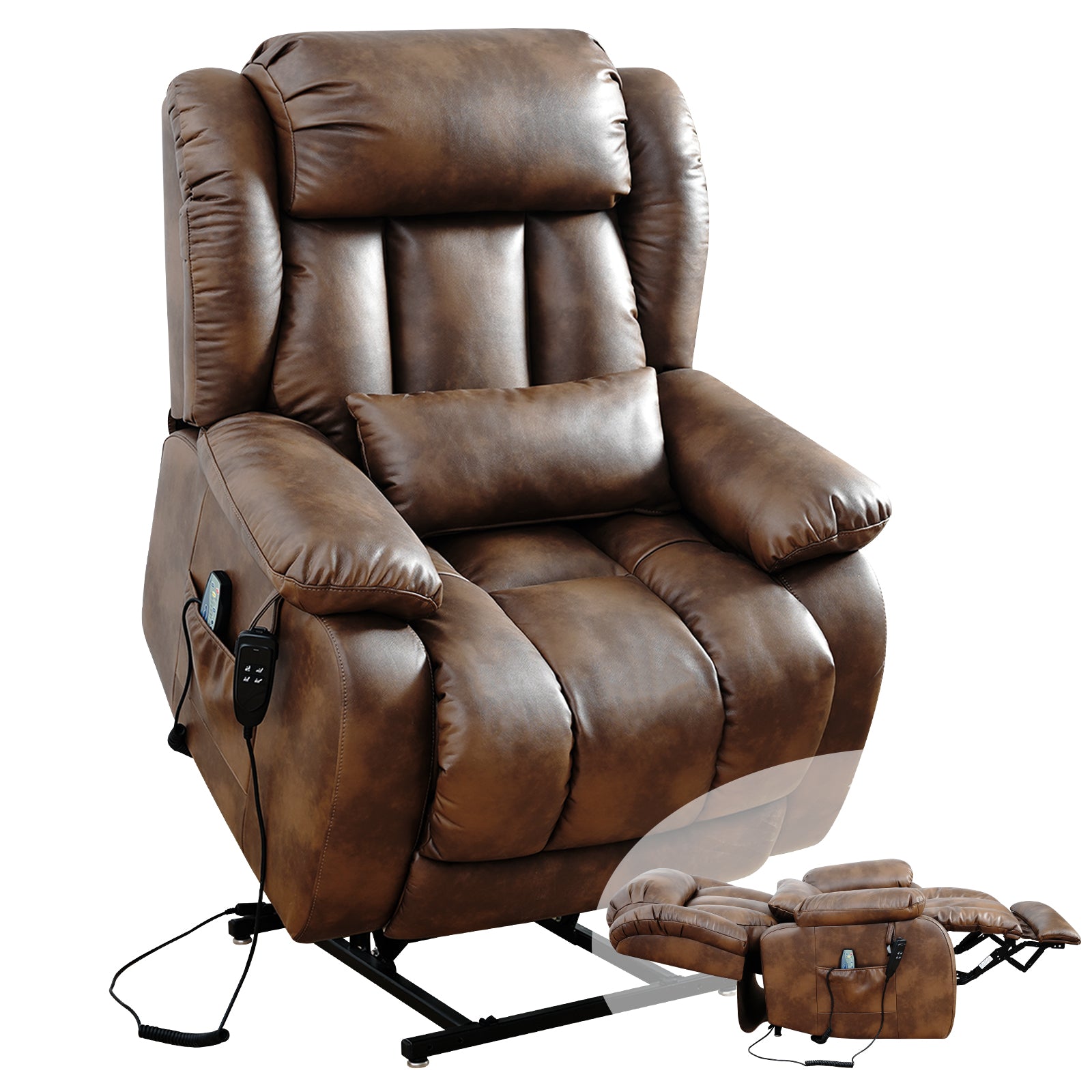 TEKAMON Infinite Position Lift Recliner Chair for Elderly with Heat Massage and Extended Footrest Lay Flat Sleeping Leather Dual Motor Power Lift Chair for Living Room (Ochre)