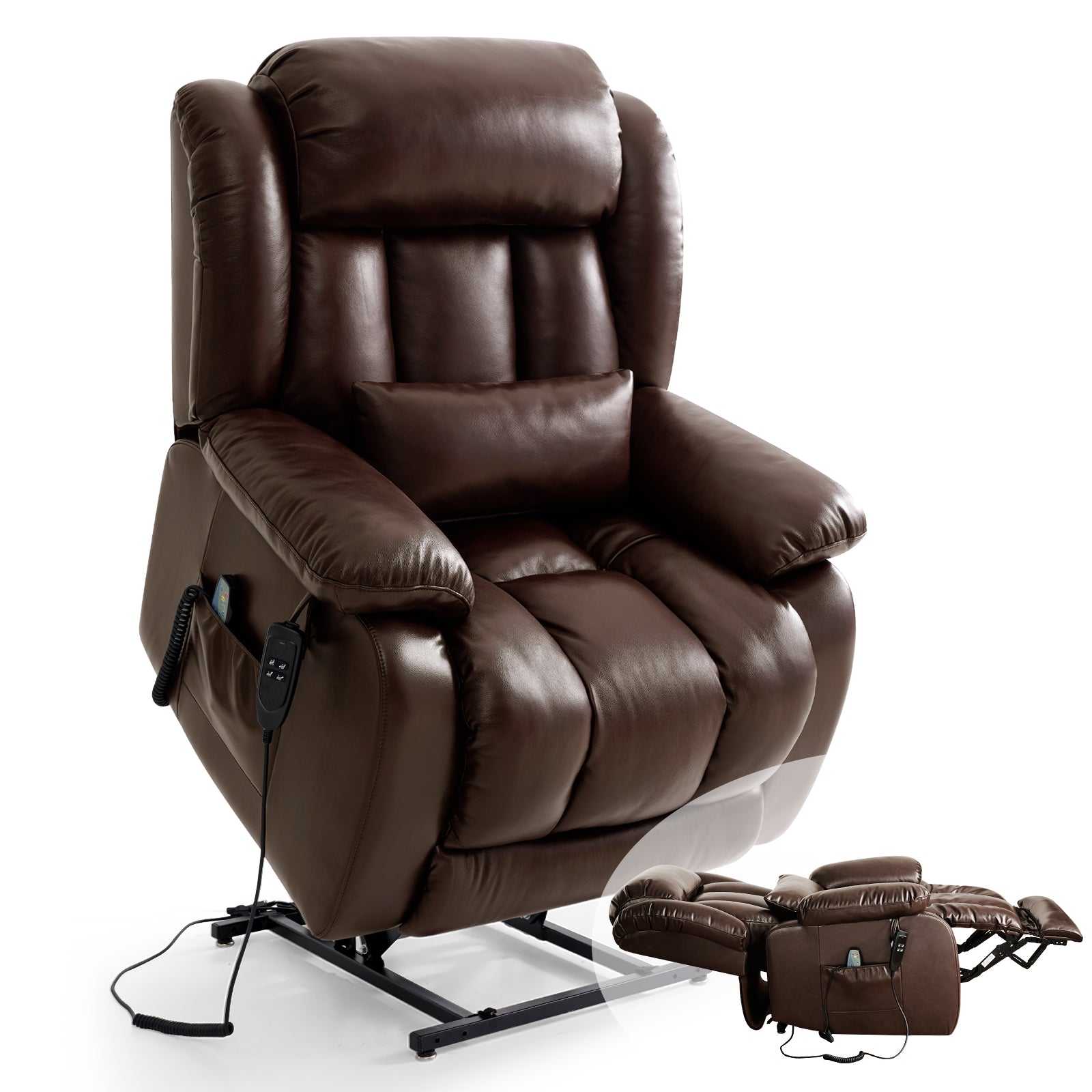 TEKAMON Power Lift Chair Recliner for Elderly with Heat and Massage, Lay Flat Sleeping Recliner Dual Motor Infinite Position Leather Lift Chair for Living Room (Brown)