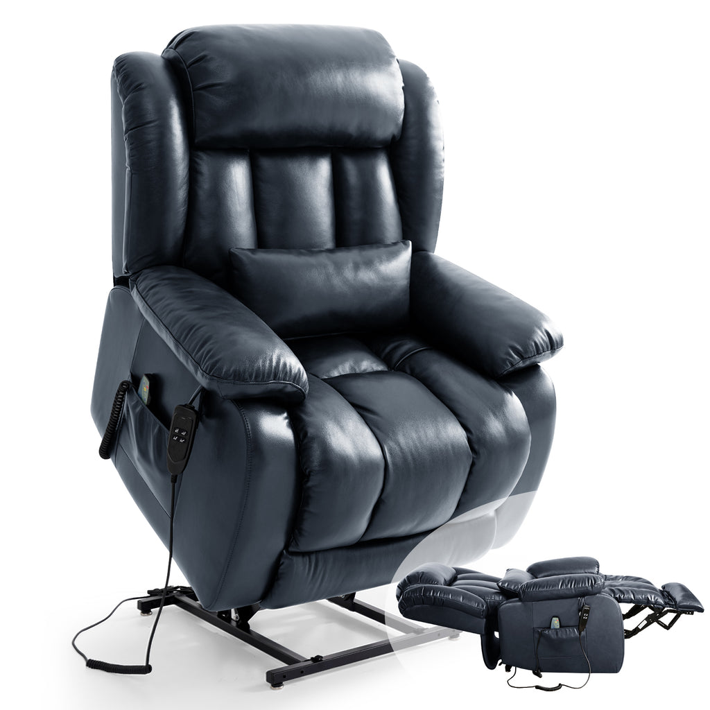 TEKAMON Infinite Position Lift Recliner Chair for Elderly with Heat Massage and Extended Footrest Lay Flat Sleeping Leather Dual Motor Power Lift Chair for Living Room (Blue)