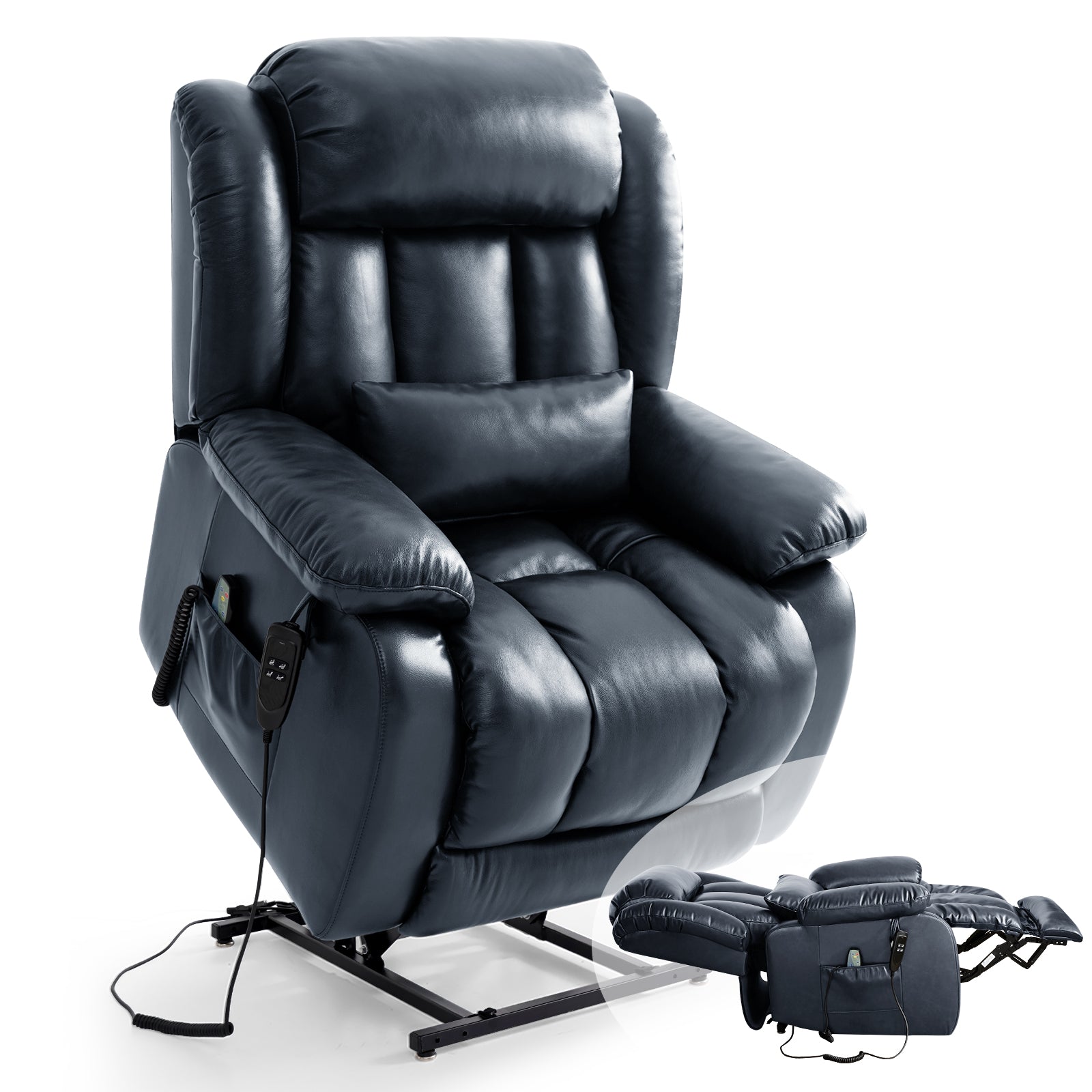 TEKAMON Infinite Position Lift Recliner Chair for Elderly with Heat Massage and Extended Footrest Lay Flat Sleeping Leather Dual Motor Power Lift Chair for Living Room (Blue)