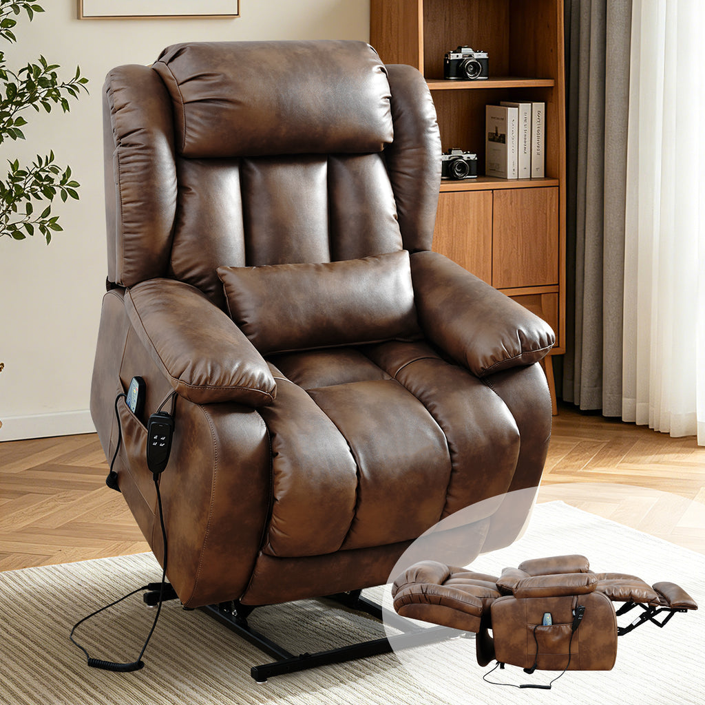 TEKAMON Infinite Position Lift Recliner Chair for Elderly with Heat Massage and Extended Footrest Lay Flat Sleeping Leather Dual Motor Power Lift Chair for Living Room (Ochre)