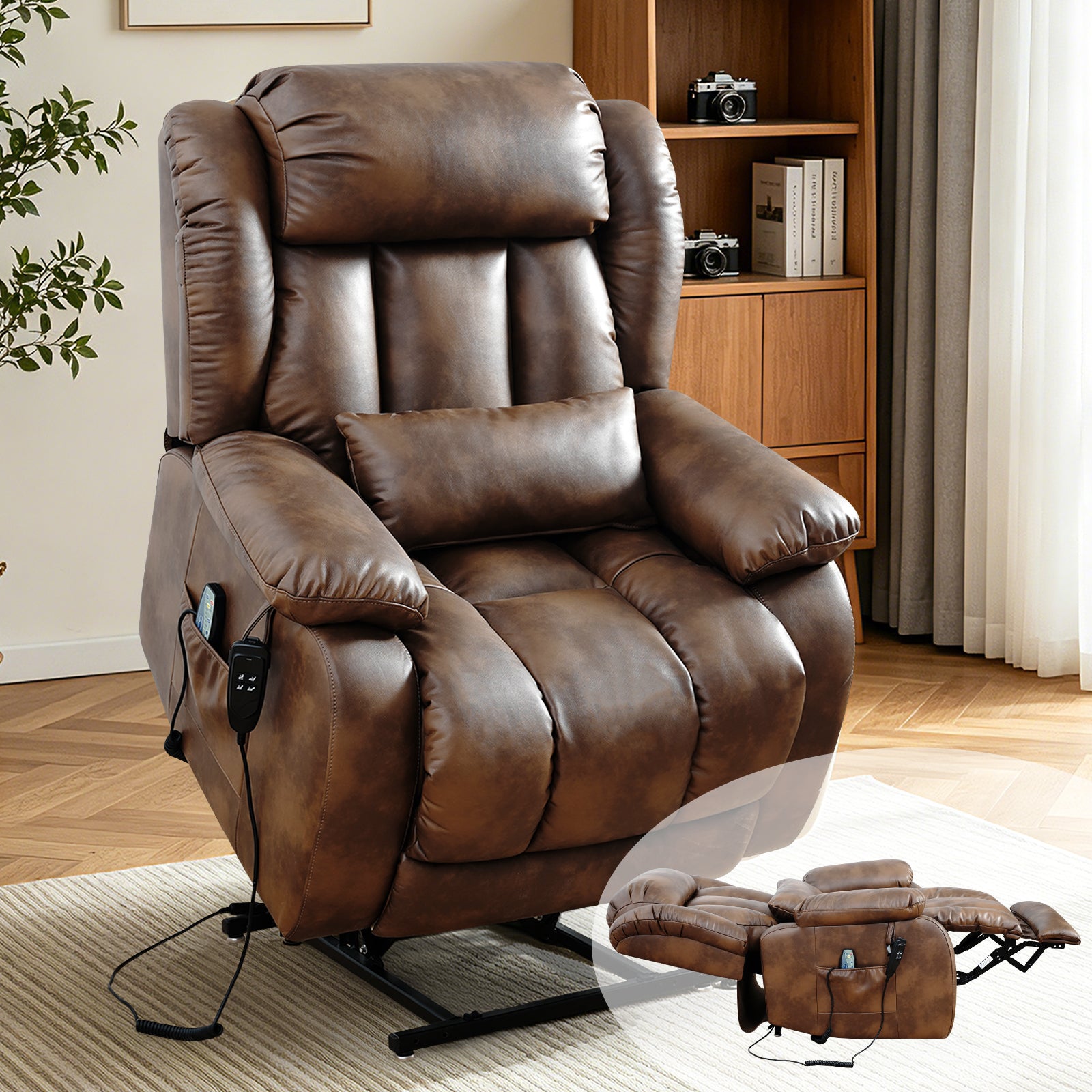 TEKAMON Infinite Position Lift Recliner Chair for Elderly with Heat Massage and Extended Footrest Lay Flat Sleeping Leather Dual Motor Power Lift Chair for Living Room (Ochre)