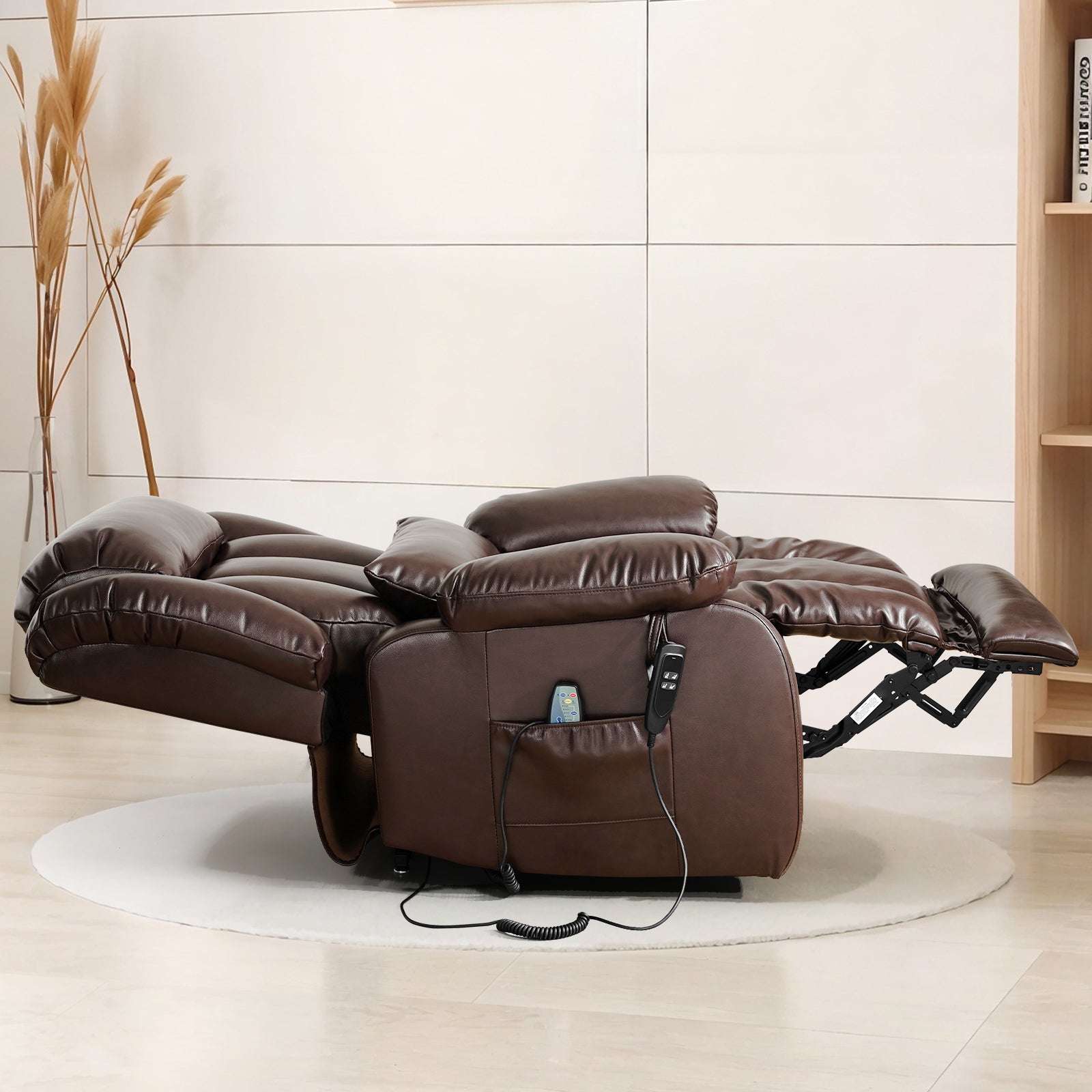 TEKAMON Infinite Position Lift Recliner Chair for Elderly with Heat Massage and Extended Footrest Lay Flat Sleeping Leather Dual Motor Power Lift Chair for Living Room (Beige)