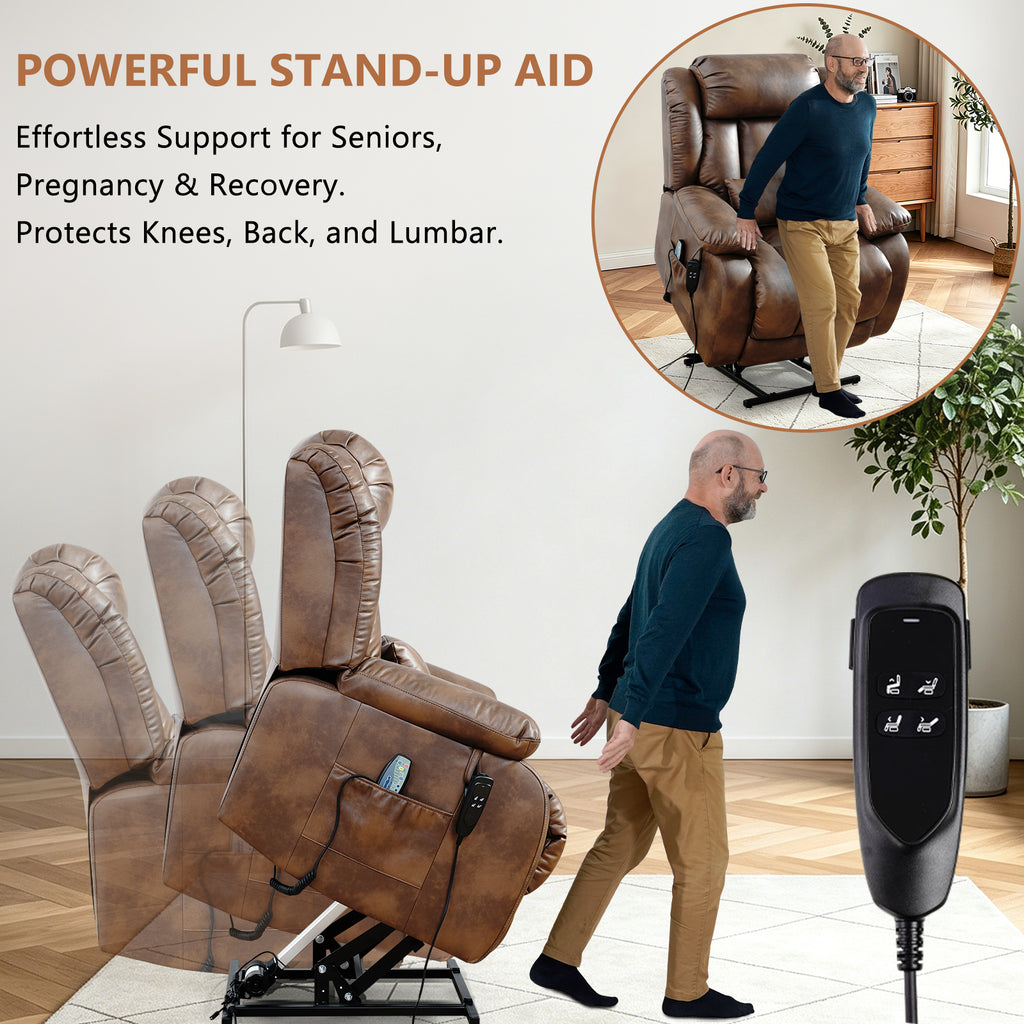 TEKAMON Infinite Position Lift Recliner Chair for Elderly with Heat Massage and Extended Footrest Lay Flat Sleeping Leather Dual Motor Power Lift Chair for Living Room (Ochre)