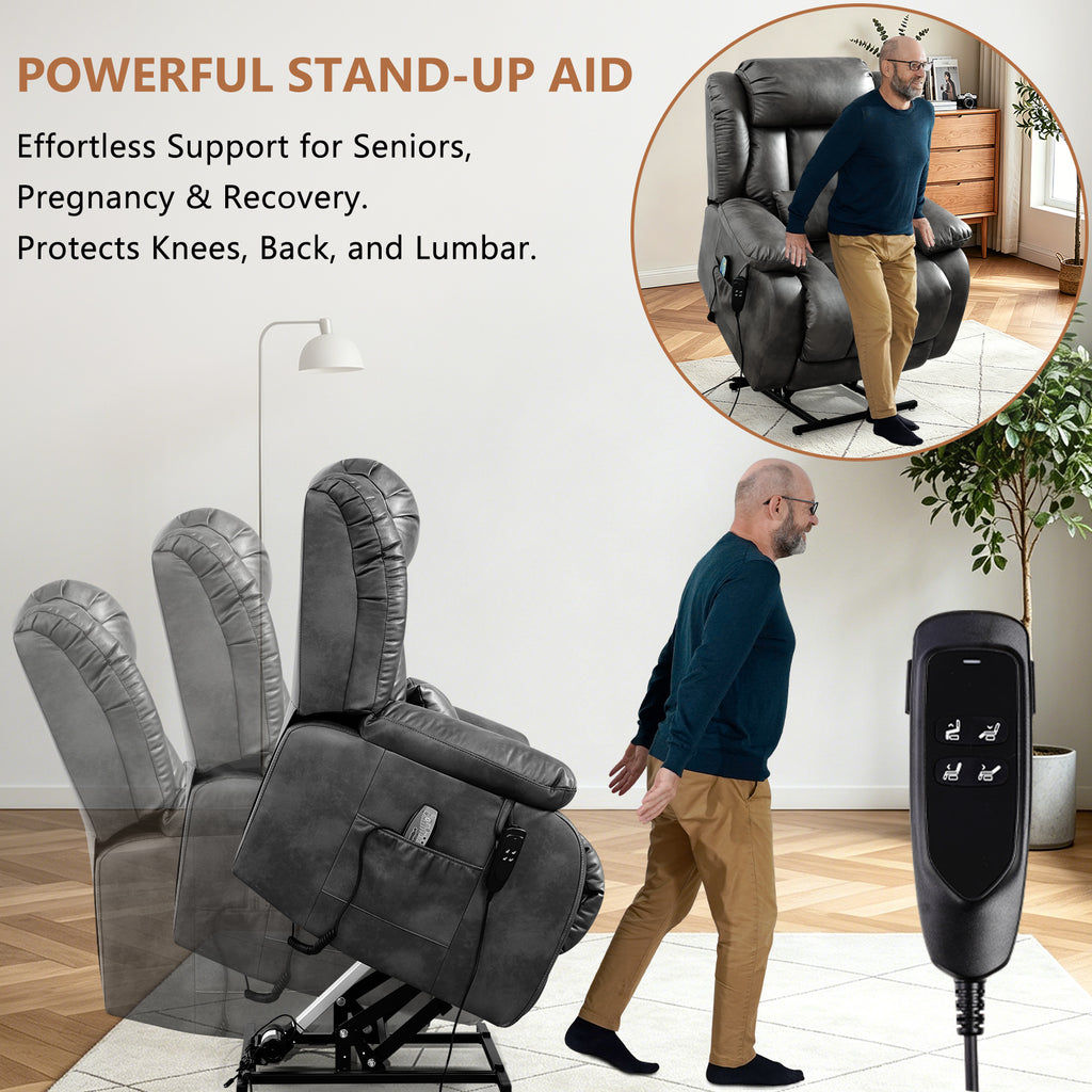 TEKAMON Infinite Position Lift Recliner Chair for Elderly with Heat Massage and Extended Footrest Lay Flat Sleeping Leather Dual Motor Power Lift Chair for Living Room (Grey)