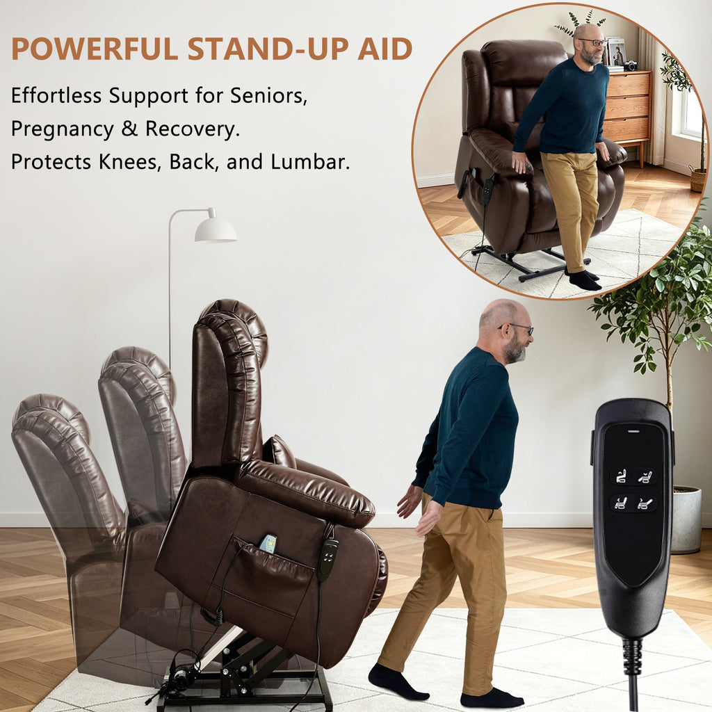 TEKAMON Power Lift Chair Recliner for Elderly with Heat and Massage, Lay Flat Sleeping Recliner Dual Motor Infinite Position Leather Lift Chair for Living Room (Brown)