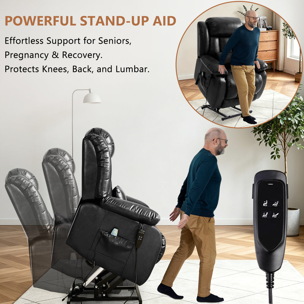 TEKAMON Infinite Position Lift Recliner Chair for Elderly with Heat Massage and Extended Footrest Lay Flat Sleeping Leather Dual Motor Power Lift Chair for Living Room (Black)