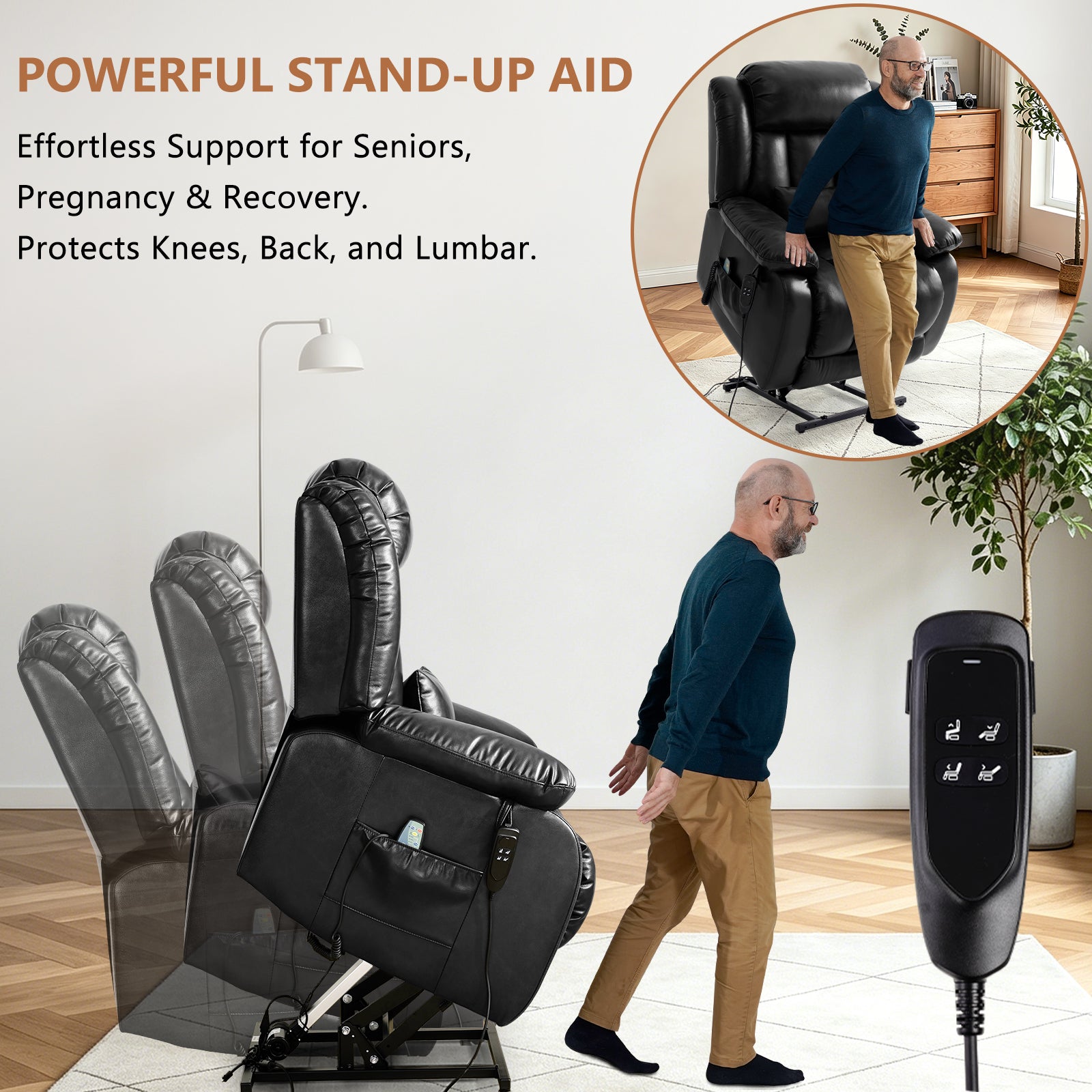 TEKAMON Infinite Position Lift Recliner Chair for Elderly with Heat Massage and Extended Footrest Lay Flat Sleeping Leather Dual Motor Power Lift Chair for Living Room (Black)