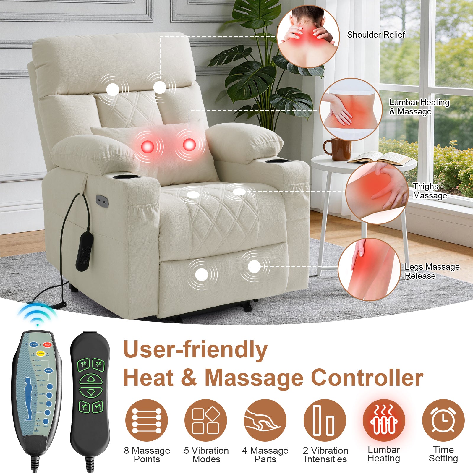 Click to see full view      4+  3 VIDEOS BEDHOURS Tri-Motor Power Lift Recliner Chair for Elderly, Zero Gravity Infinite Position Lay Flat Lift Chair w/Adjustable Headrest & Lumbar, Vibration Massage & Heat, Cup Holders