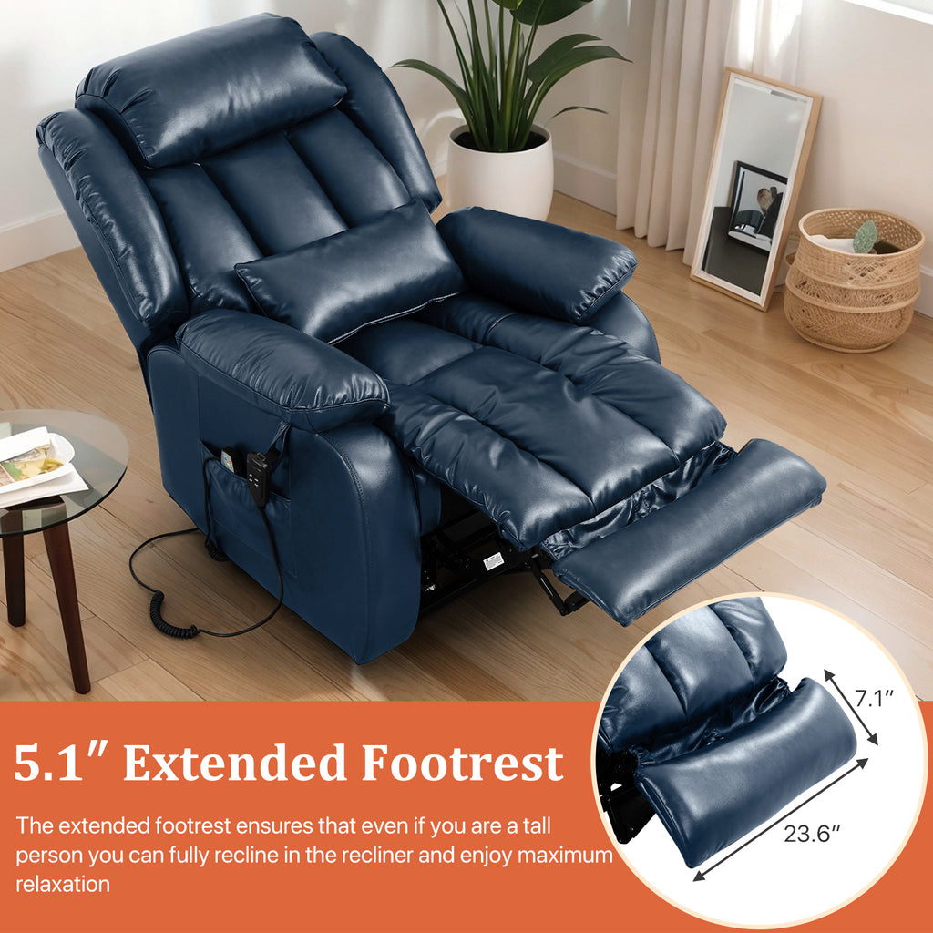 TEKAMON Infinite Position Lift Recliner Chair for Elderly with Heat Massage and Extended Footrest Lay Flat Sleeping Leather Dual Motor Power Lift Chair for Living Room (Blue)