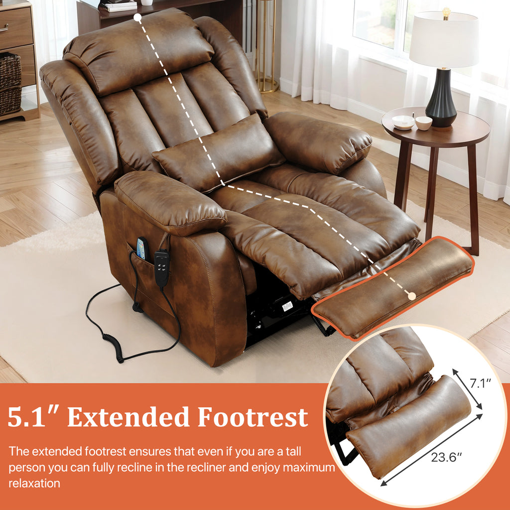 TEKAMON Infinite Position Lift Recliner Chair for Elderly with Heat Massage and Extended Footrest Lay Flat Sleeping Leather Dual Motor Power Lift Chair for Living Room (Ochre)