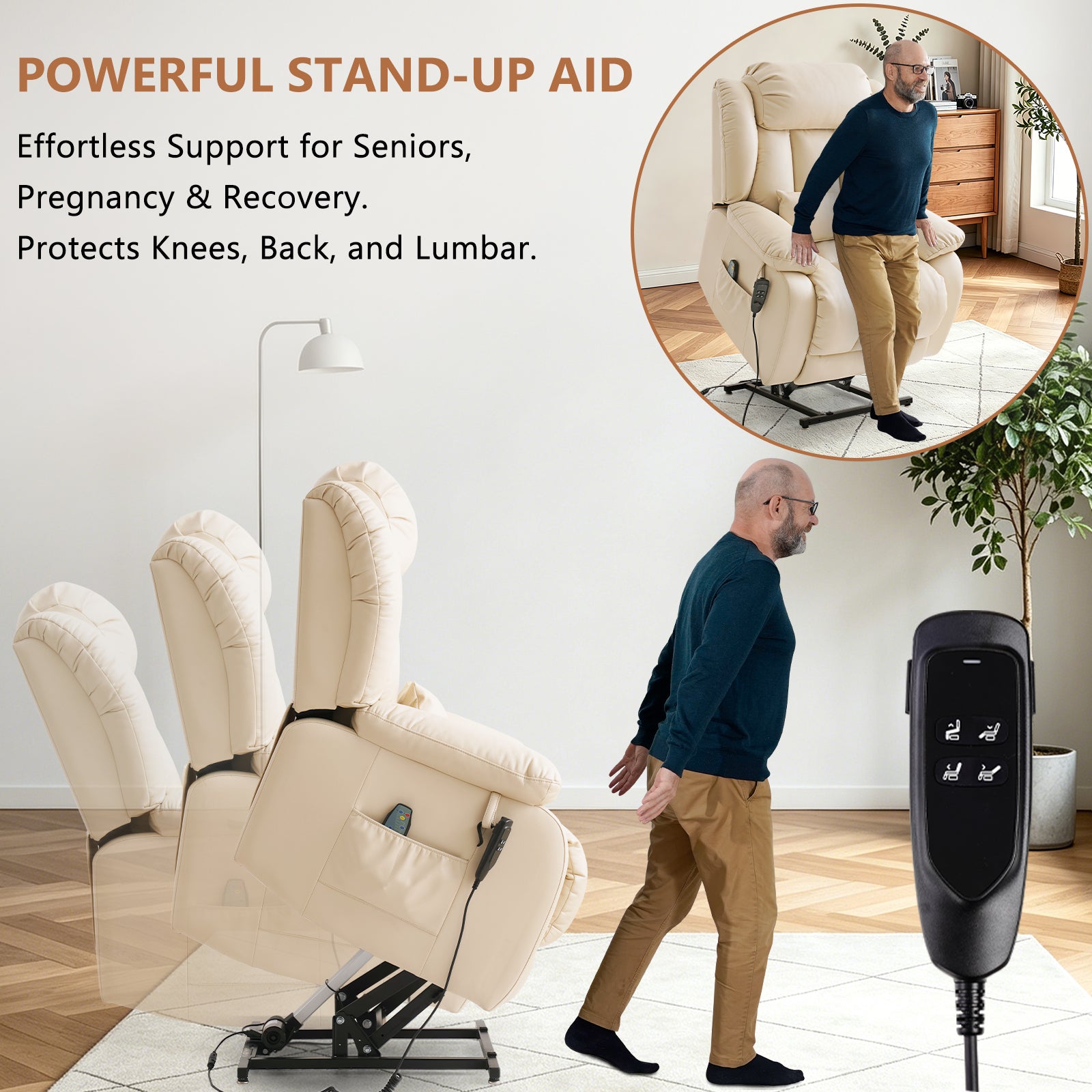 TEKAMON Infinite Position Lift Recliner Chair for Elderly with Heat Massage and Extended Footrest Lay Flat Sleeping Leather Dual Motor Power Lift Chair for Living Room (Beige)