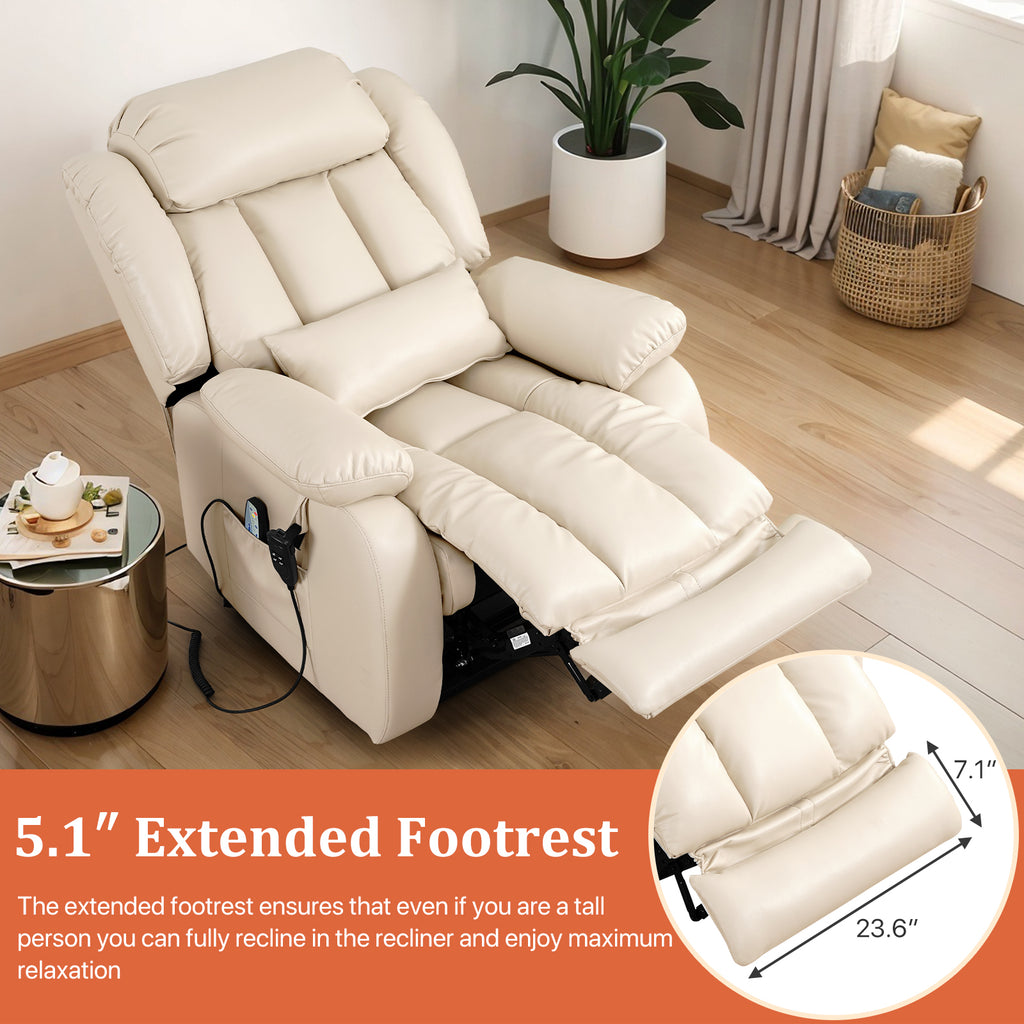 TEKAMON Infinite Position Lift Recliner Chair for Elderly with Heat Massage and Extended Footrest Lay Flat Sleeping Leather Dual Motor Power Lift Chair for Living Room (Beige)