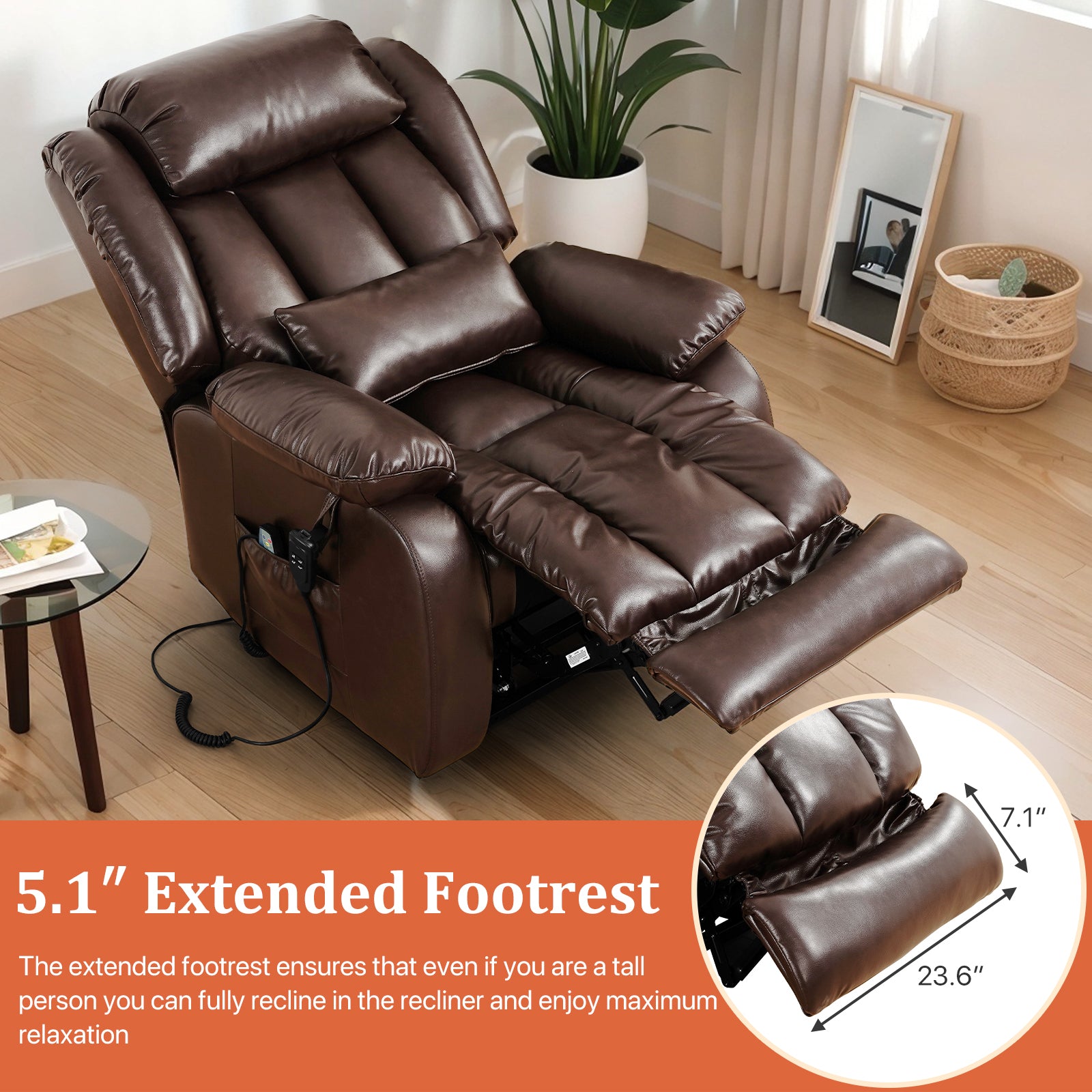 TEKAMON Power Lift Chair Recliner for Elderly with Heat and Massage, Lay Flat Sleeping Recliner Dual Motor Infinite Position Leather Lift Chair for Living Room (Brown)