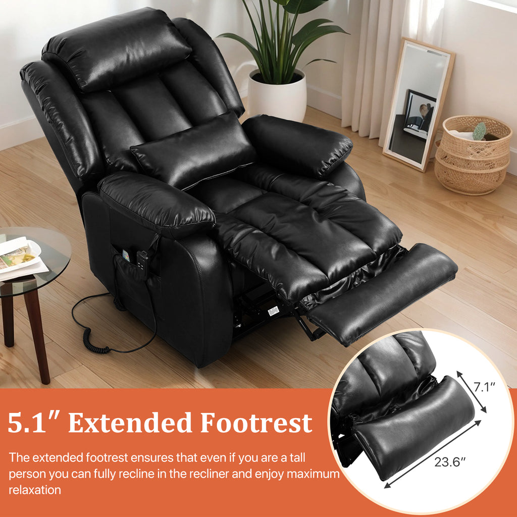 TEKAMON Infinite Position Lift Recliner Chair for Elderly with Heat Massage and Extended Footrest Lay Flat Sleeping Leather Dual Motor Power Lift Chair for Living Room (Black)