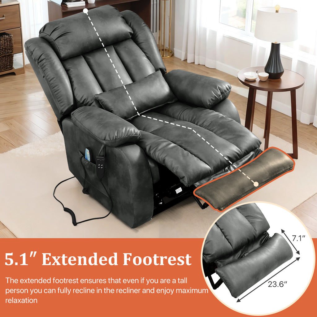 TEKAMON Infinite Position Lift Recliner Chair for Elderly with Heat Massage and Extended Footrest Lay Flat Sleeping Leather Dual Motor Power Lift Chair for Living Room (Grey)