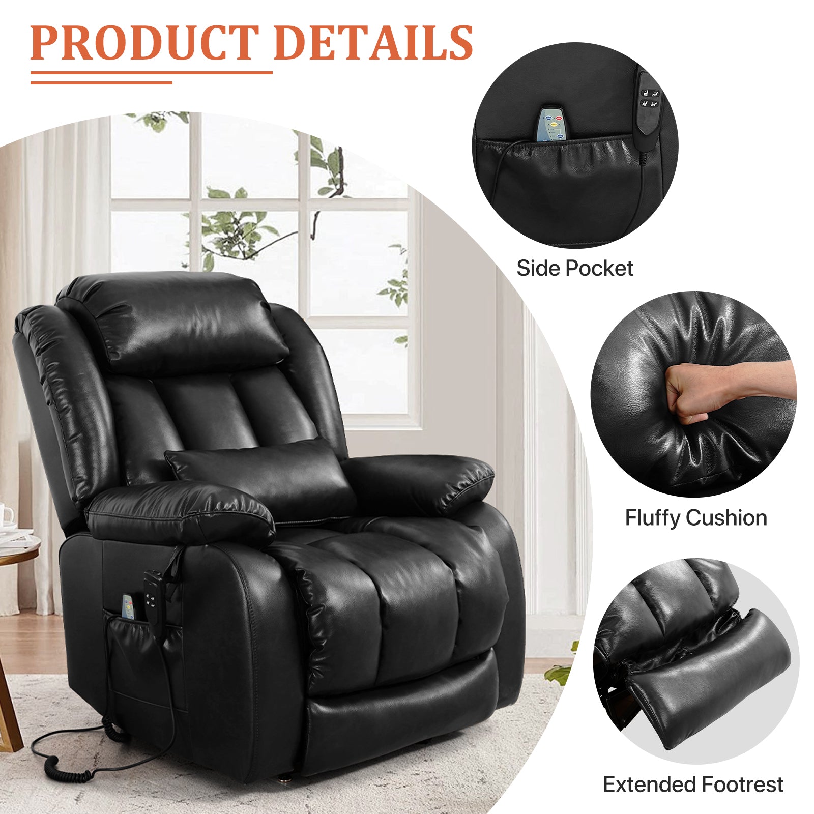 TEKAMON Infinite Position Lift Recliner Chair for Elderly with Heat Massage and Extended Footrest Lay Flat Sleeping Leather Dual Motor Power Lift Chair for Living Room (Beige)