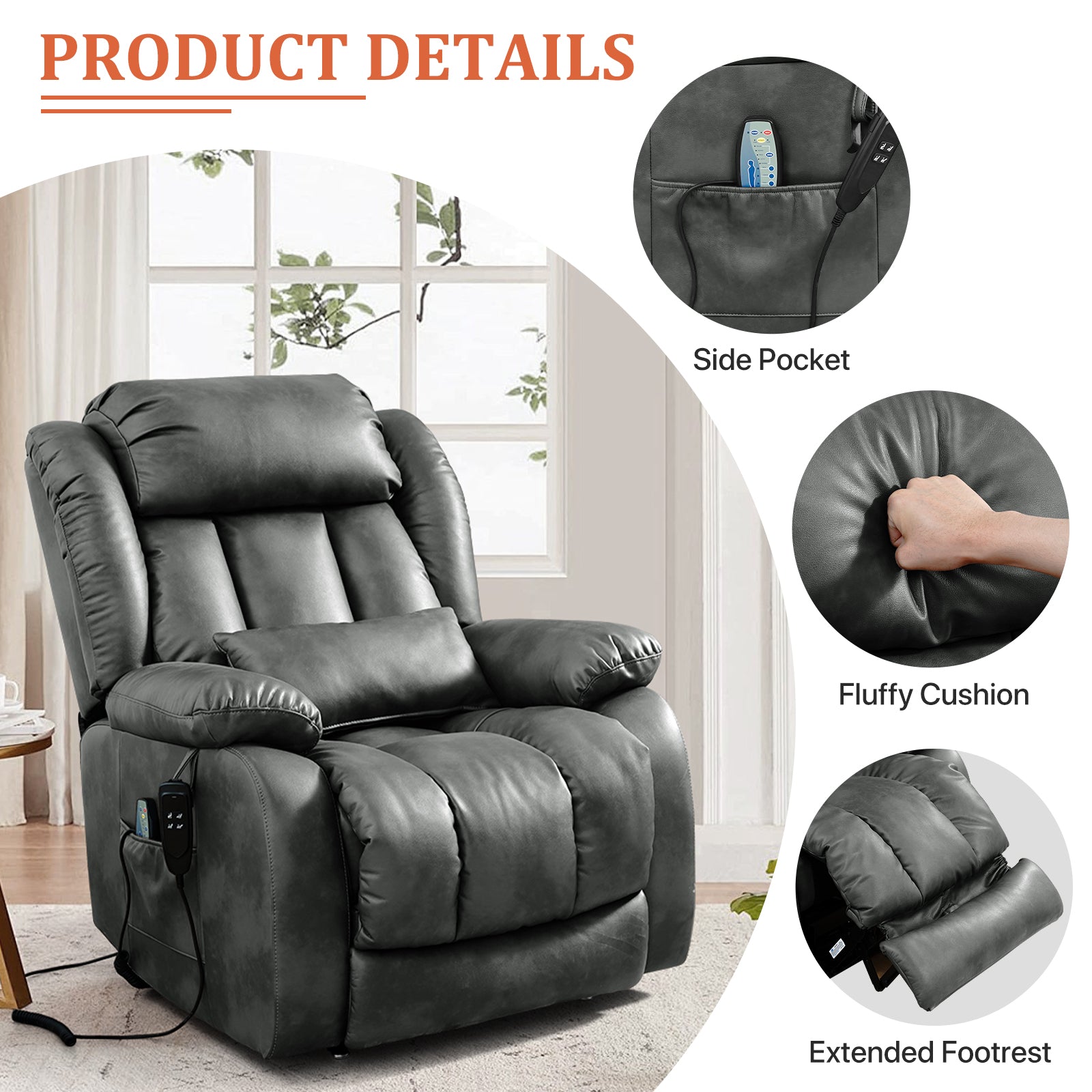TEKAMON Infinite Position Lift Recliner Chair for Elderly with Heat Massage and Extended Footrest Lay Flat Sleeping Leather Dual Motor Power Lift Chair for Living Room (Grey)