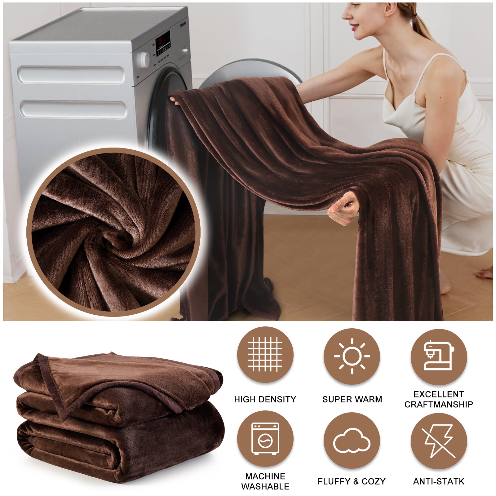 TEKAMON Fleece Bed Blankets Queen Size Plush Fuzzy Soft Lightweight Breathable Reversible Blanket Microfiber, 90"x90", Brown