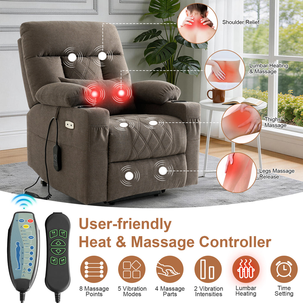 TEKAMON Power Lift Recliner Chair for Elderly - Adjustable Headrest, Three Motor, Infinite Positions, Built-in Massage and Heating, USB Ports, Cup Holders - Brown