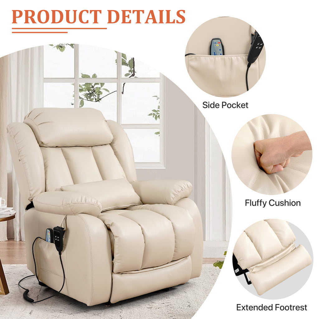 TEKAMON Infinite Position Lift Recliner Chair for Elderly with Heat Massage and Extended Footrest Lay Flat Sleeping Leather Dual Motor Power Lift Chair for Living Room (Beige)