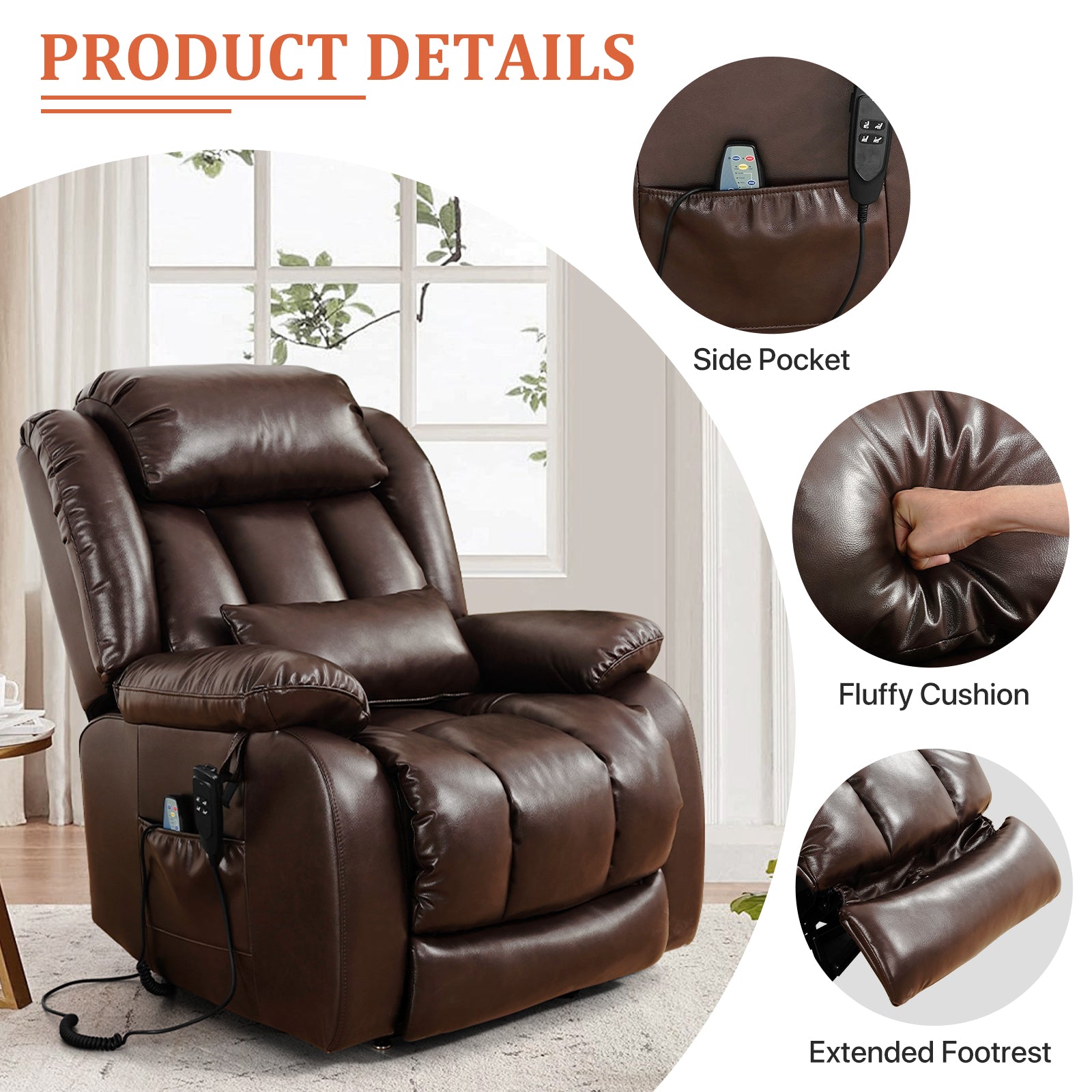 TEKAMON Infinite Position Lift Recliner Chair for Elderly with Heat Massage and Extended Footrest Lay Flat Sleeping Leather Dual Motor Power Lift Chair for Living Room (Beige)