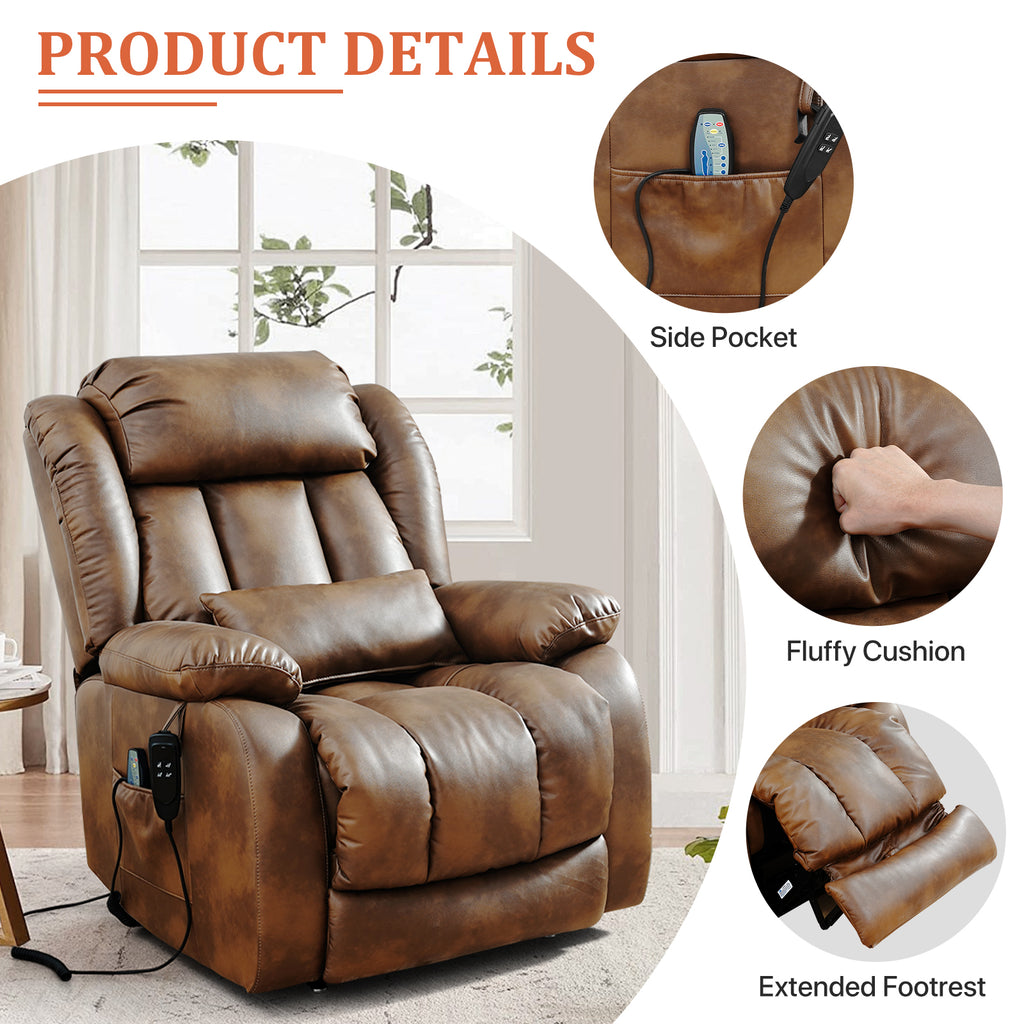 TEKAMON Infinite Position Lift Recliner Chair for Elderly with Heat Massage and Extended Footrest Lay Flat Sleeping Leather Dual Motor Power Lift Chair for Living Room (Ochre)