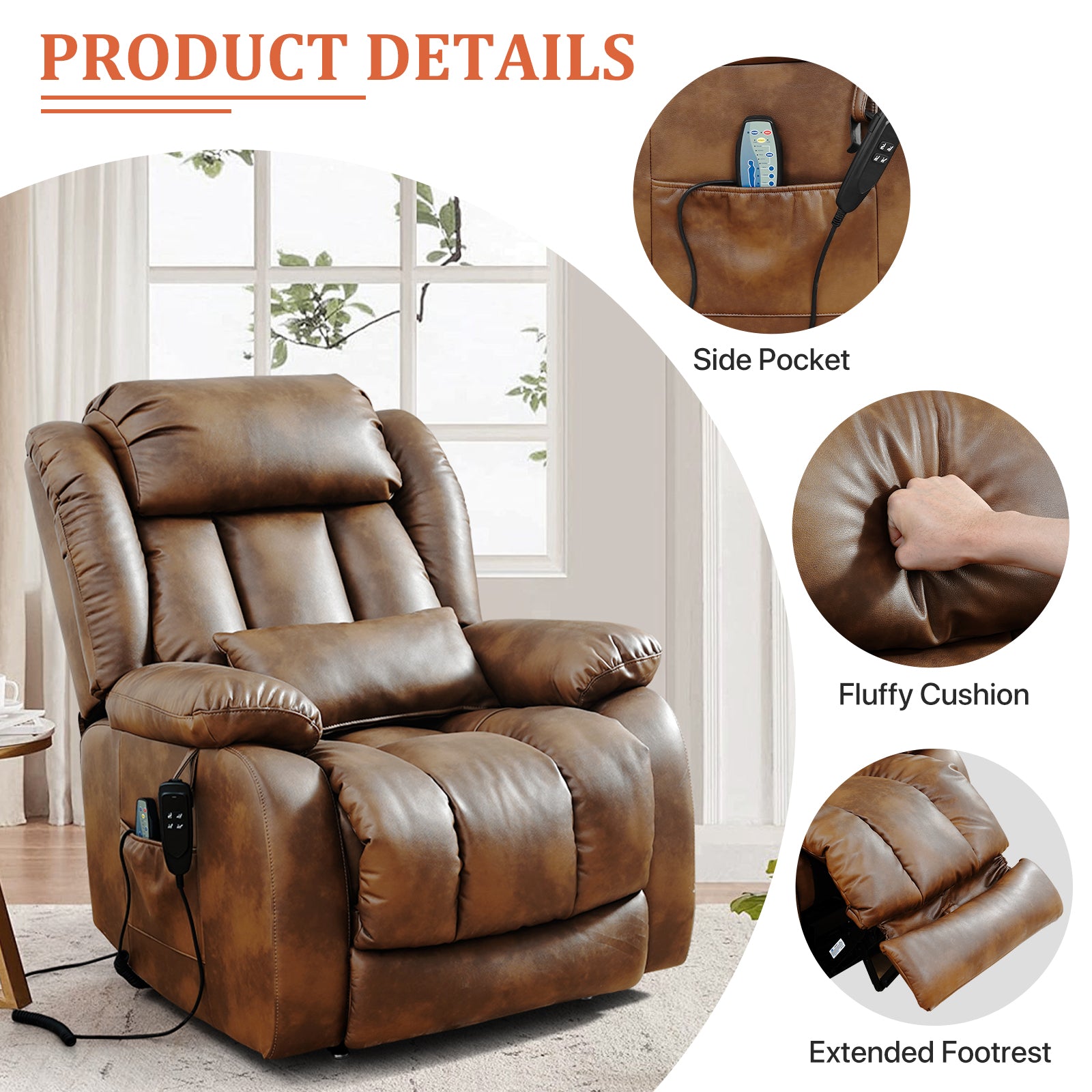 TEKAMON Infinite Position Lift Recliner Chair for Elderly with Heat Massage and Extended Footrest Lay Flat Sleeping Leather Dual Motor Power Lift Chair for Living Room (Ochre)