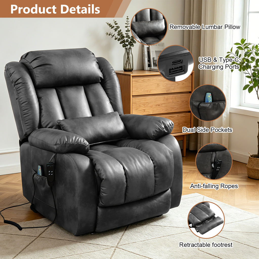 TEKAMON Infinite Position Lift Recliner Chair for Elderly with Heat Massage and Extended Footrest Lay Flat Sleeping Leather Dual Motor Power Lift Chair for Living Room (Grey)