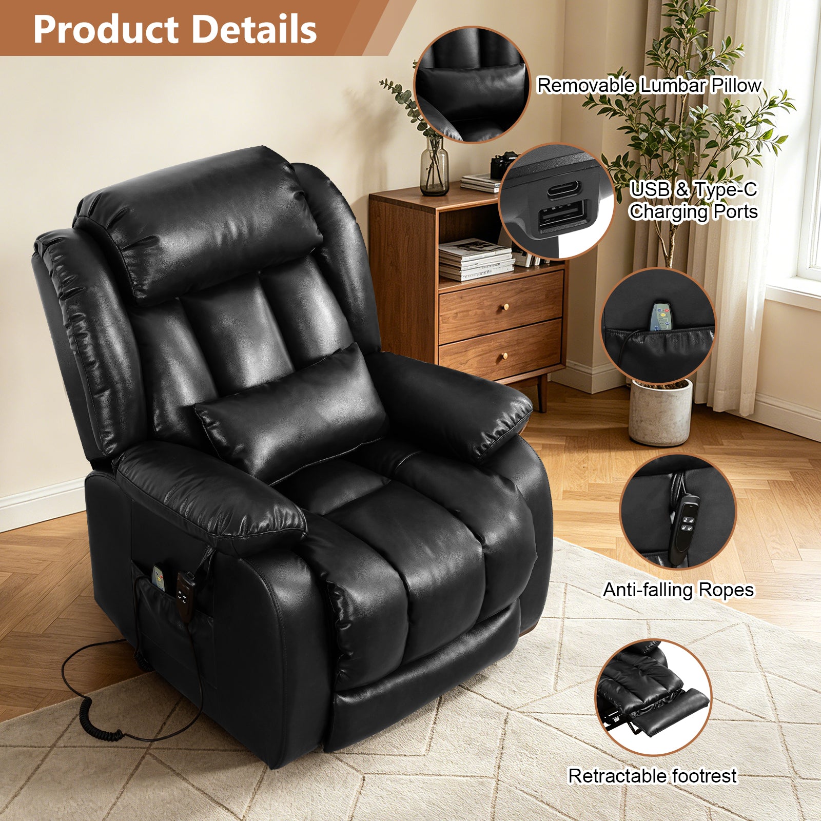 TEKAMON Infinite Position Lift Recliner Chair for Elderly with Heat Massage and Extended Footrest Lay Flat Sleeping Leather Dual Motor Power Lift Chair for Living Room (Black)