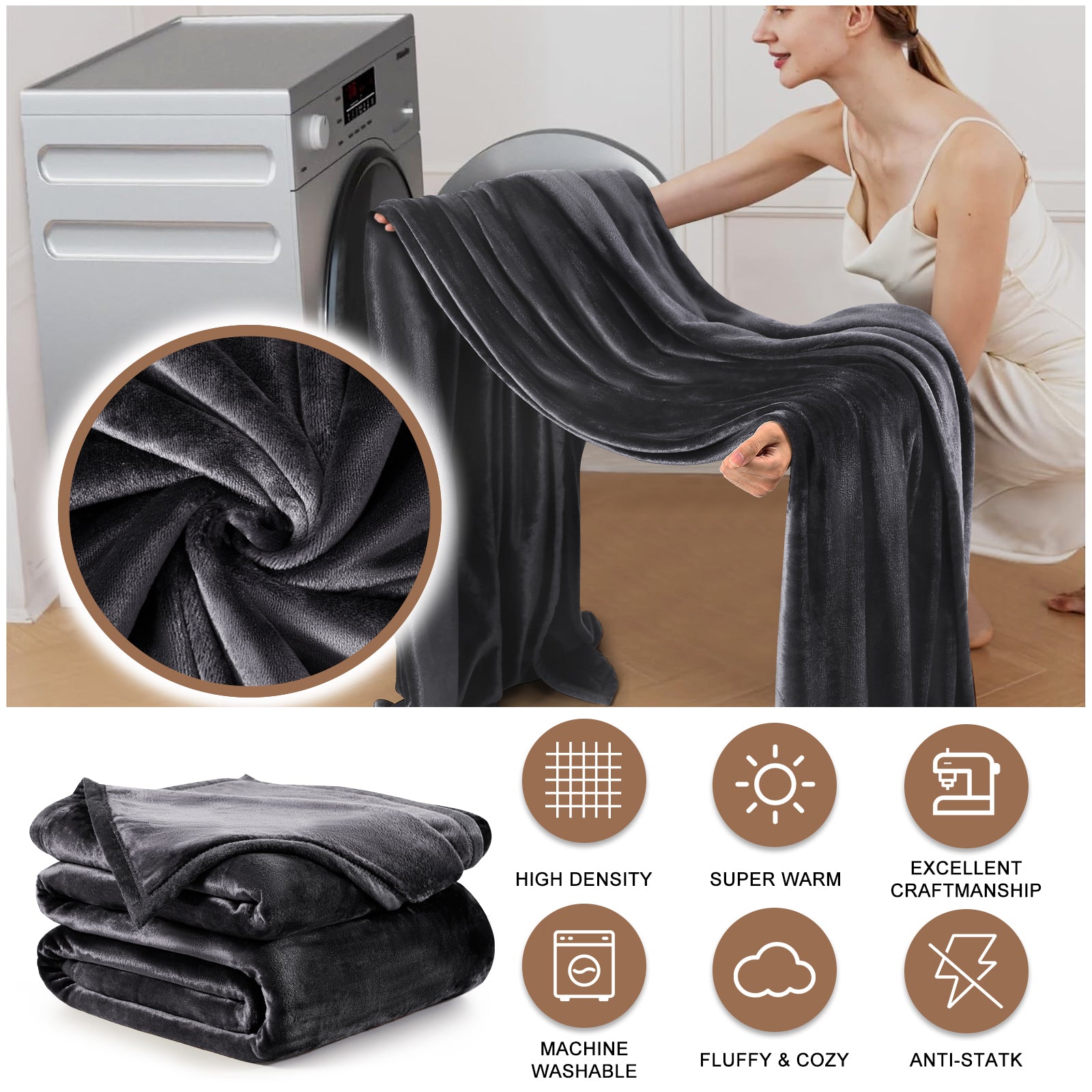 TEKAMON Fleece Bed Blankets Queen Size Plush Fuzzy Soft Lightweight Breathable Reversible Blanket Microfiber, 90"x90", Grey