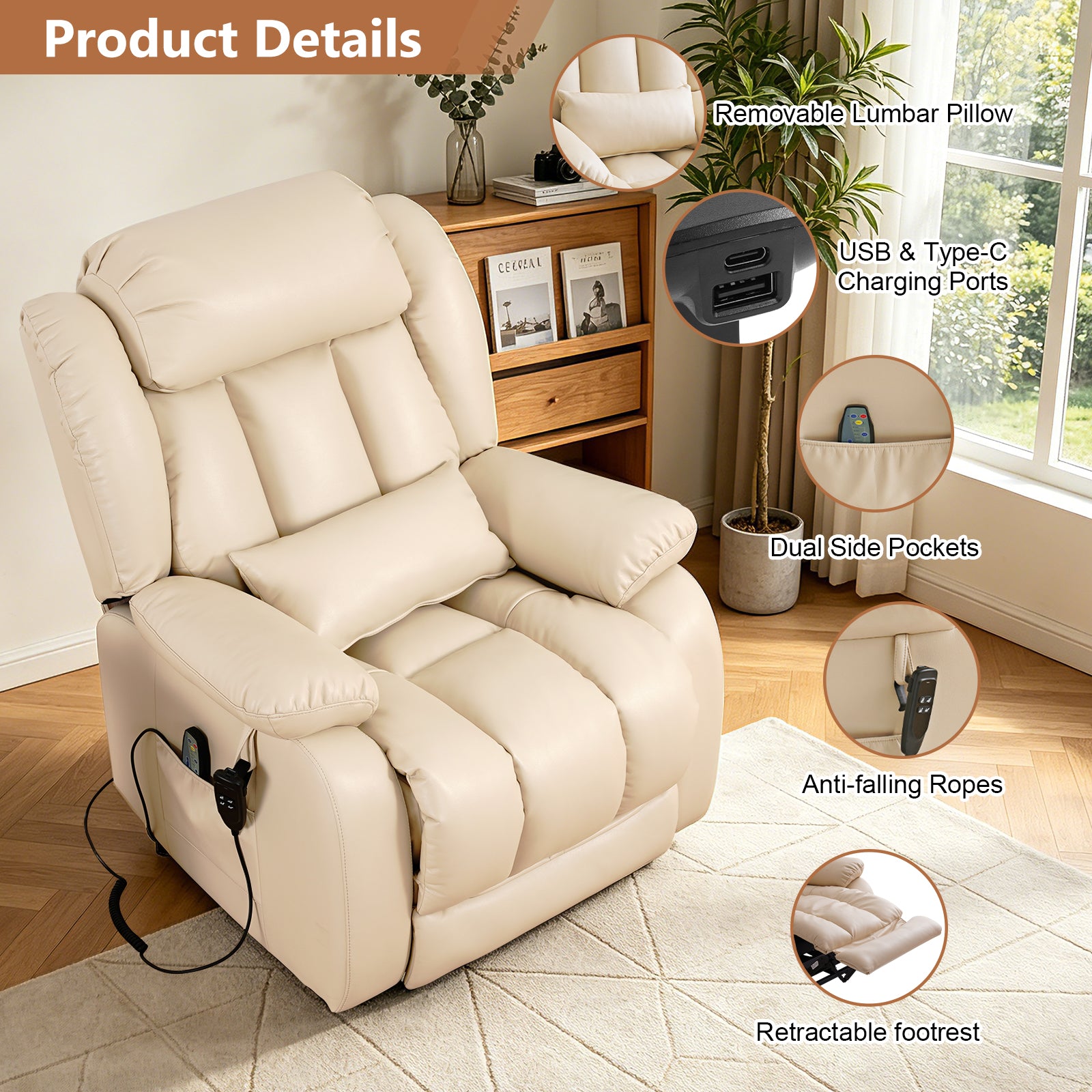 TEKAMON Infinite Position Lift Recliner Chair for Elderly with Heat Massage and Extended Footrest Lay Flat Sleeping Leather Dual Motor Power Lift Chair for Living Room (Beige)