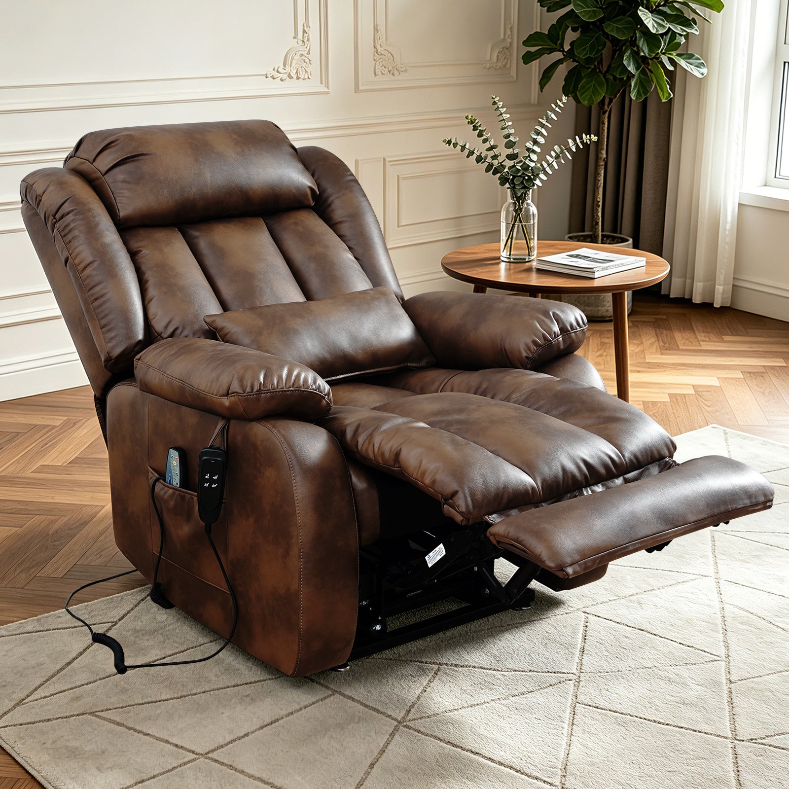 TEKAMON Infinite Position Lift Recliner Chair for Elderly with Heat Massage and Extended Footrest Lay Flat Sleeping Leather Dual Motor Power Lift Chair for Living Room (Ochre)