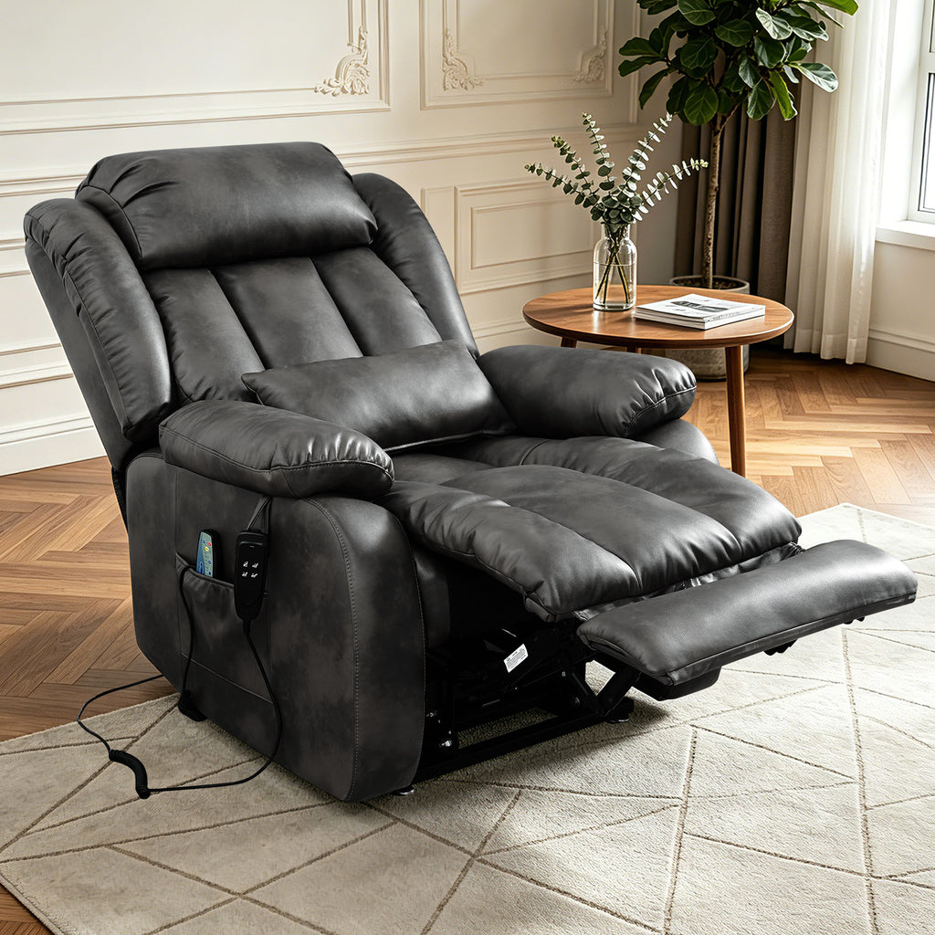 TEKAMON Infinite Position Lift Recliner Chair for Elderly with Heat Massage and Extended Footrest Lay Flat Sleeping Leather Dual Motor Power Lift Chair for Living Room (Grey)