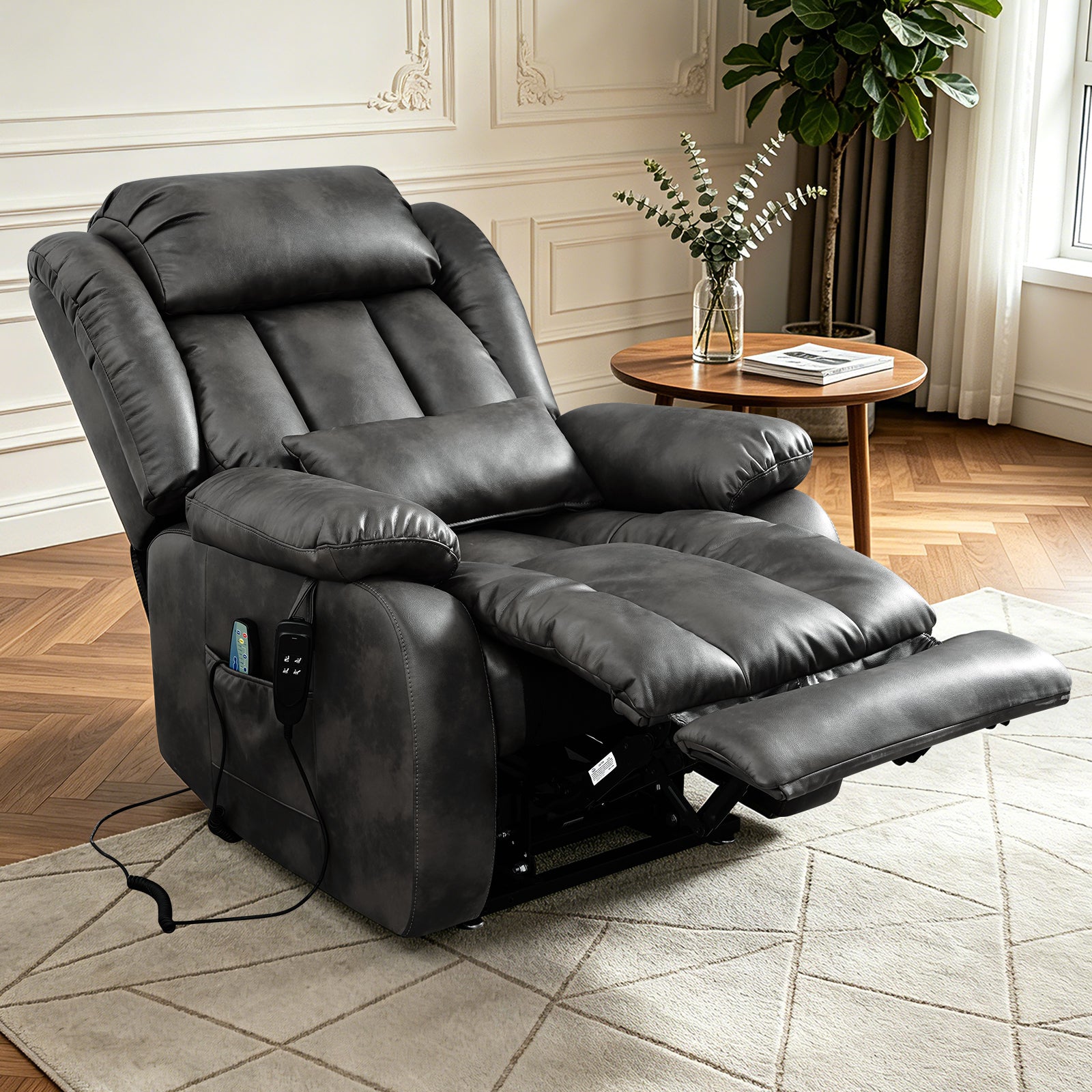 TEKAMON Infinite Position Lift Recliner Chair for Elderly with Heat Massage and Extended Footrest Lay Flat Sleeping Leather Dual Motor Power Lift Chair for Living Room (Grey)