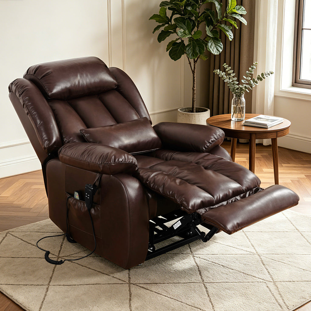 TEKAMON Power Lift Chair Recliner for Elderly with Heat and Massage, Lay Flat Sleeping Recliner Dual Motor Infinite Position Leather Lift Chair for Living Room (Brown)