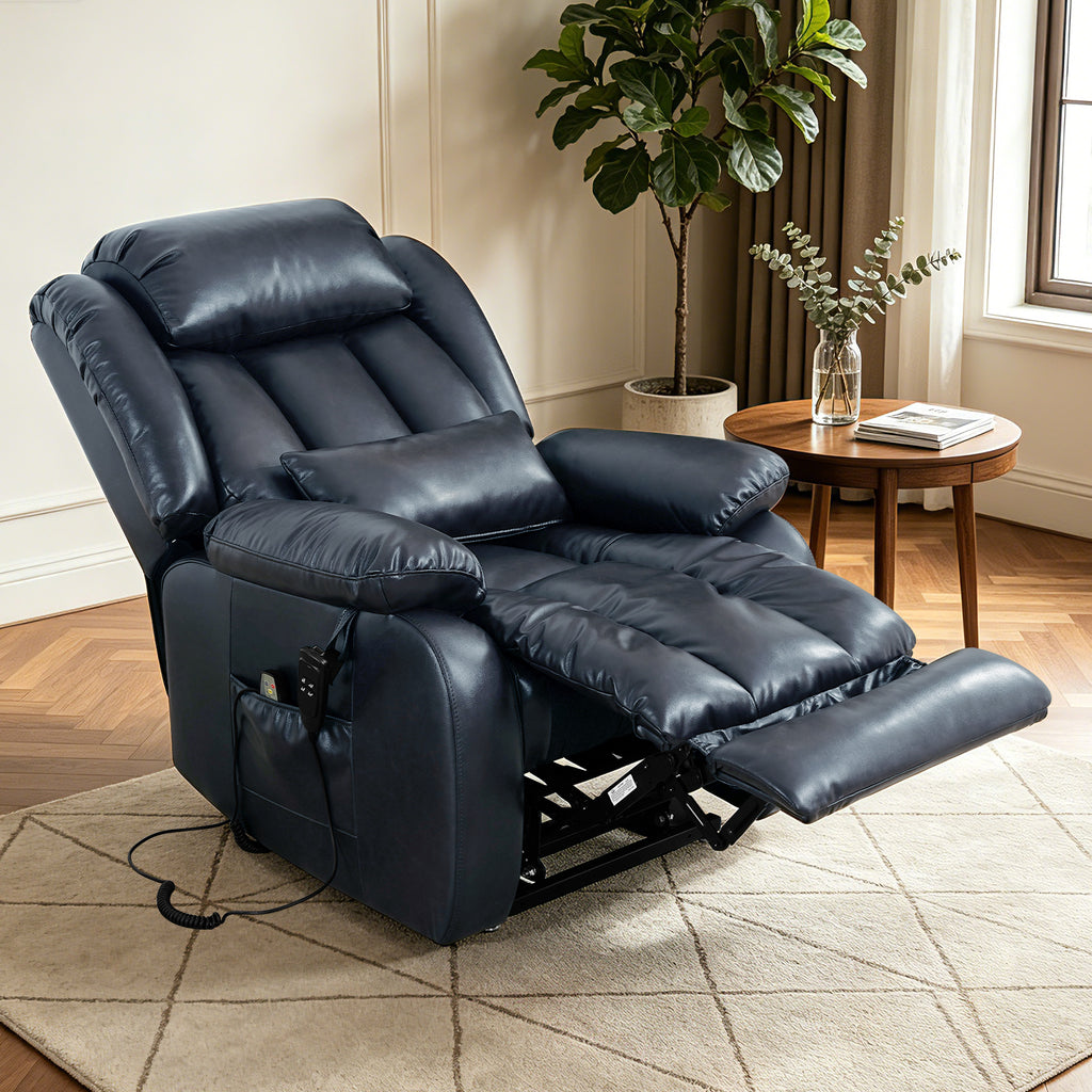 TEKAMON Infinite Position Lift Recliner Chair for Elderly with Heat Massage and Extended Footrest Lay Flat Sleeping Leather Dual Motor Power Lift Chair for Living Room (Blue)