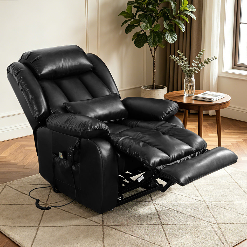 TEKAMON Infinite Position Lift Recliner Chair for Elderly with Heat Massage and Extended Footrest Lay Flat Sleeping Leather Dual Motor Power Lift Chair for Living Room (Black)