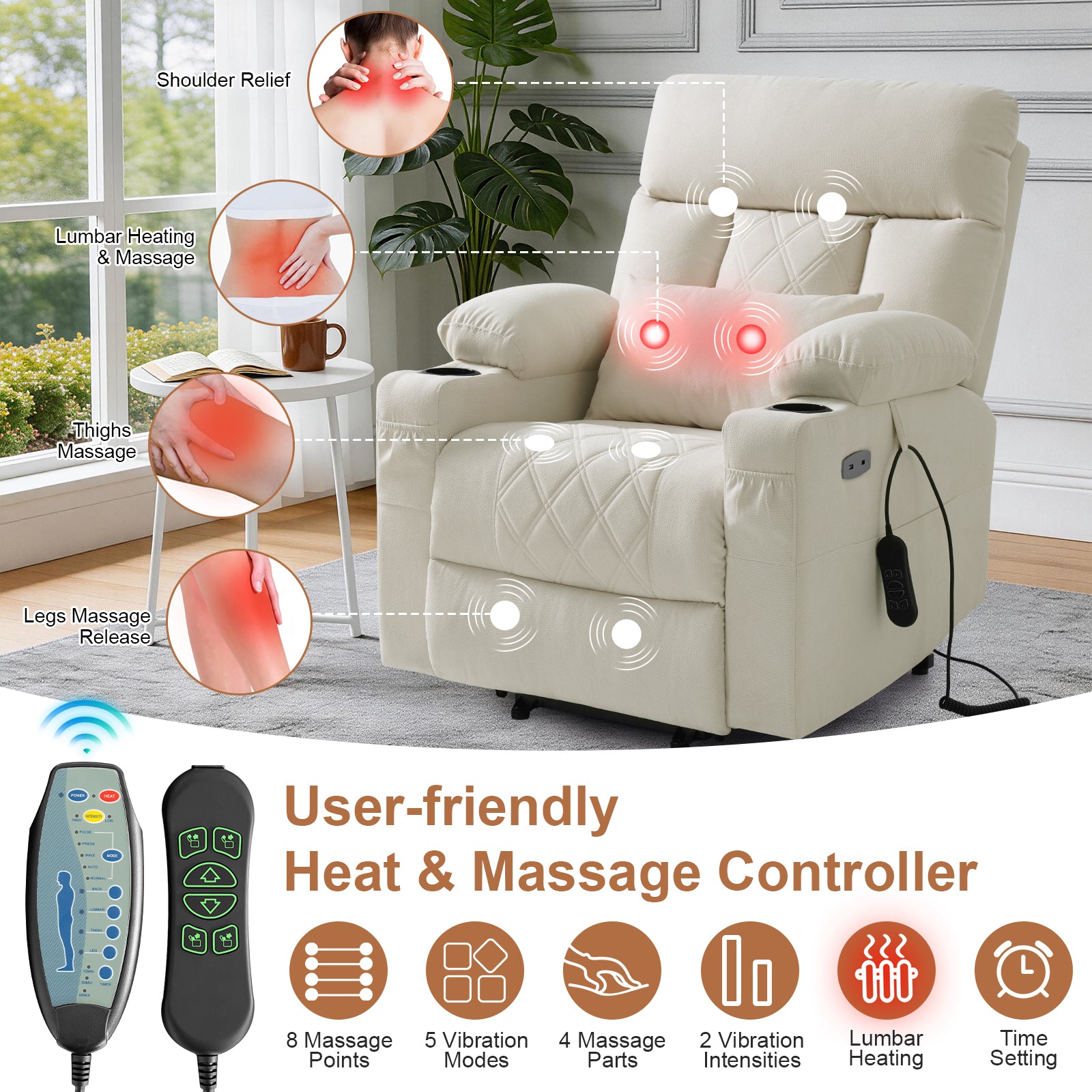 TEKAMON Power Lift Recliner Chair for Elderly - Adjustable Headrest, Three Motor, Infinite Positions, Built-in Massage and Heating, USB Ports, Cup Holders -Ivory Rice