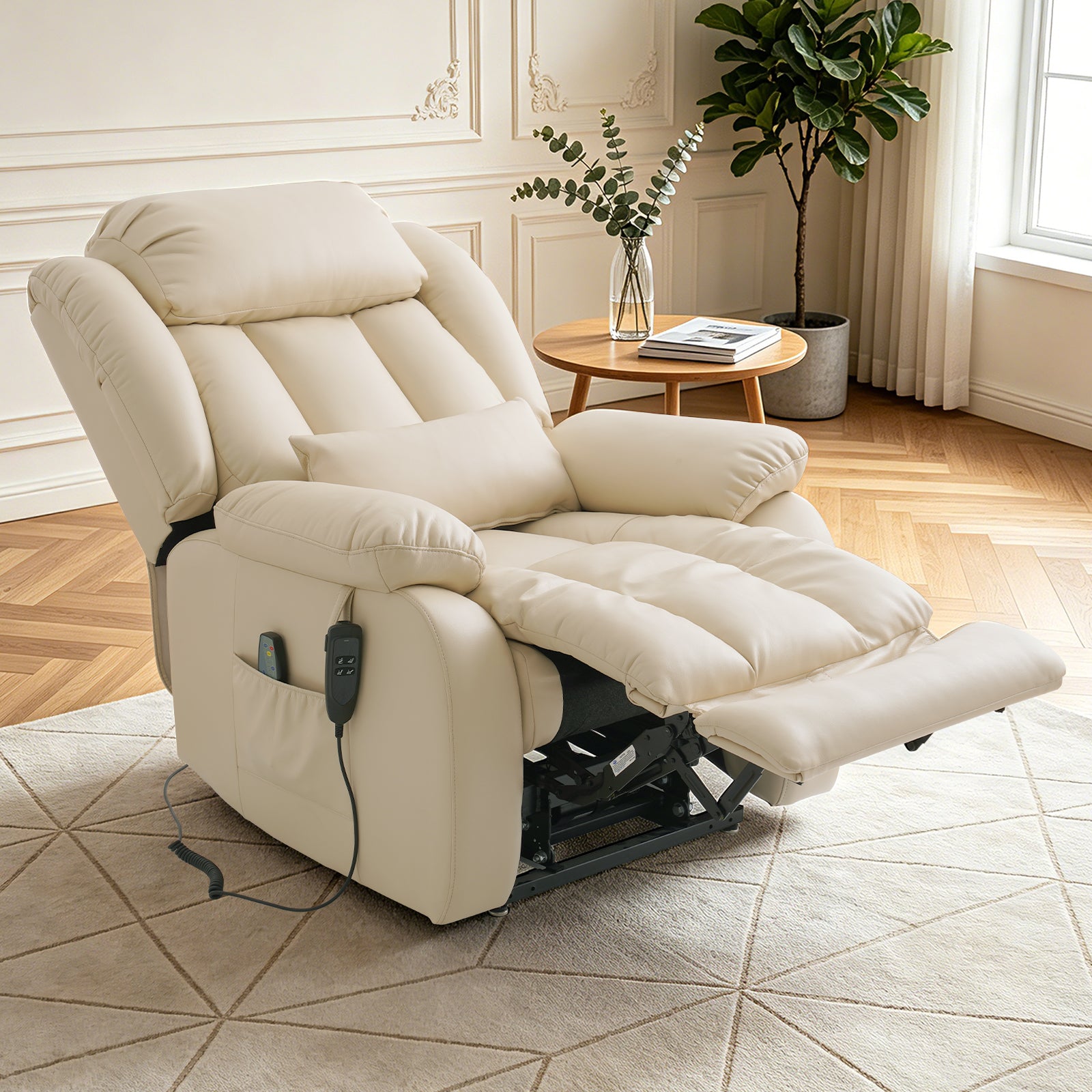 TEKAMON Infinite Position Lift Recliner Chair for Elderly with Heat Massage and Extended Footrest Lay Flat Sleeping Leather Dual Motor Power Lift Chair for Living Room (Beige)