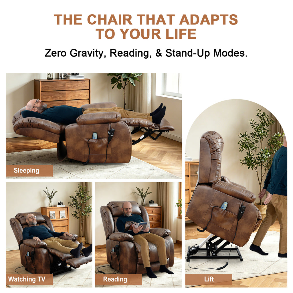 TEKAMON Infinite Position Lift Recliner Chair for Elderly with Heat Massage and Extended Footrest Lay Flat Sleeping Leather Dual Motor Power Lift Chair for Living Room (Ochre)