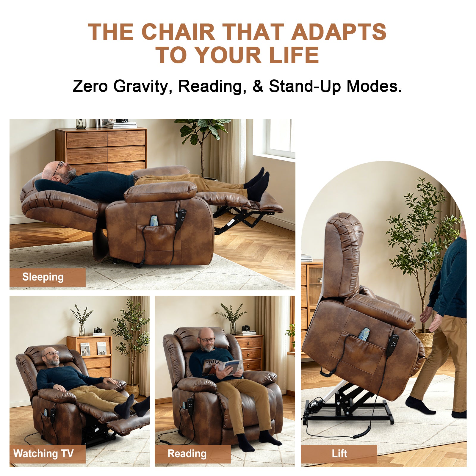 TEKAMON Infinite Position Lift Recliner Chair for Elderly with Heat Massage and Extended Footrest Lay Flat Sleeping Leather Dual Motor Power Lift Chair for Living Room (Ochre)