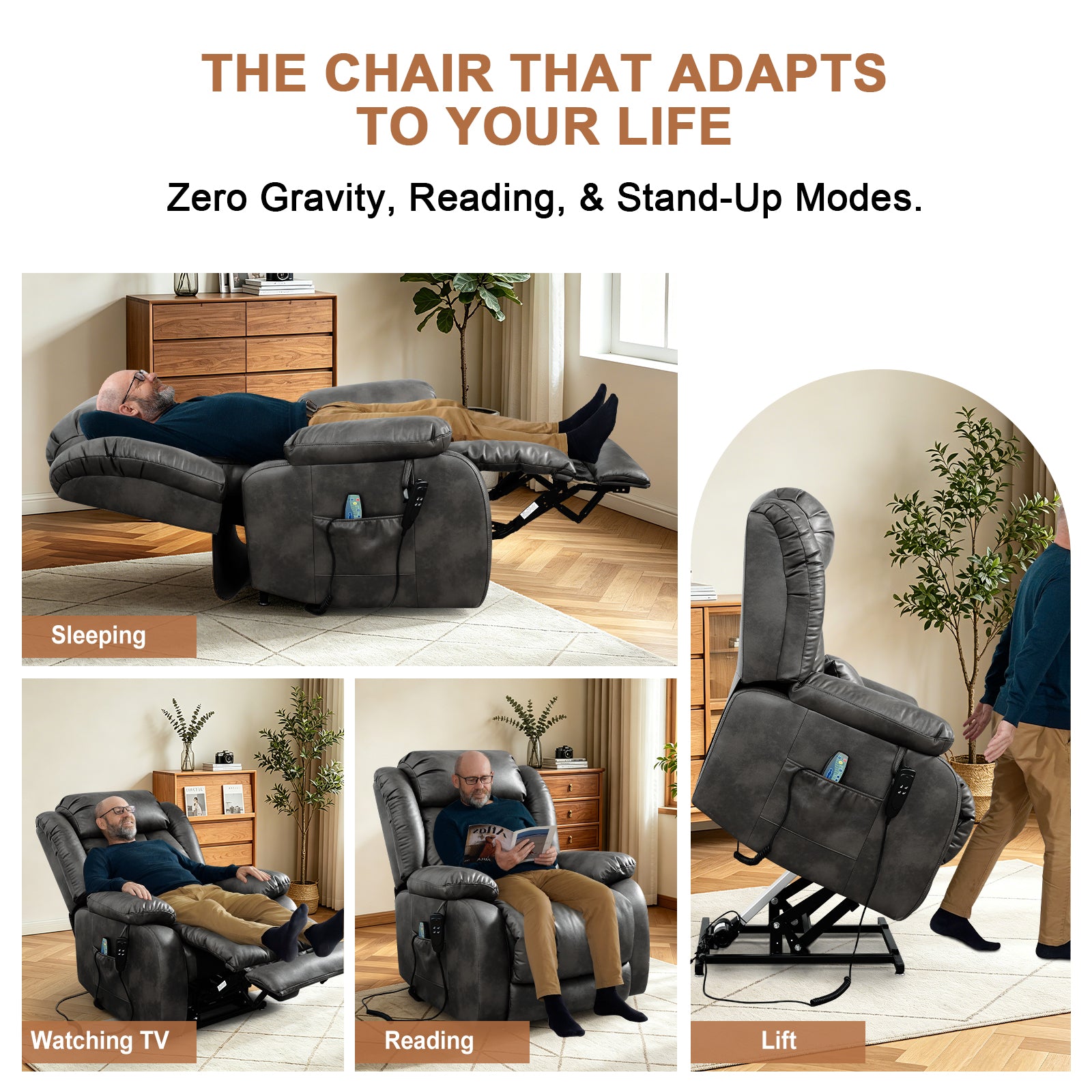 TEKAMON Infinite Position Lift Recliner Chair for Elderly with Heat Massage and Extended Footrest Lay Flat Sleeping Leather Dual Motor Power Lift Chair for Living Room (Grey)