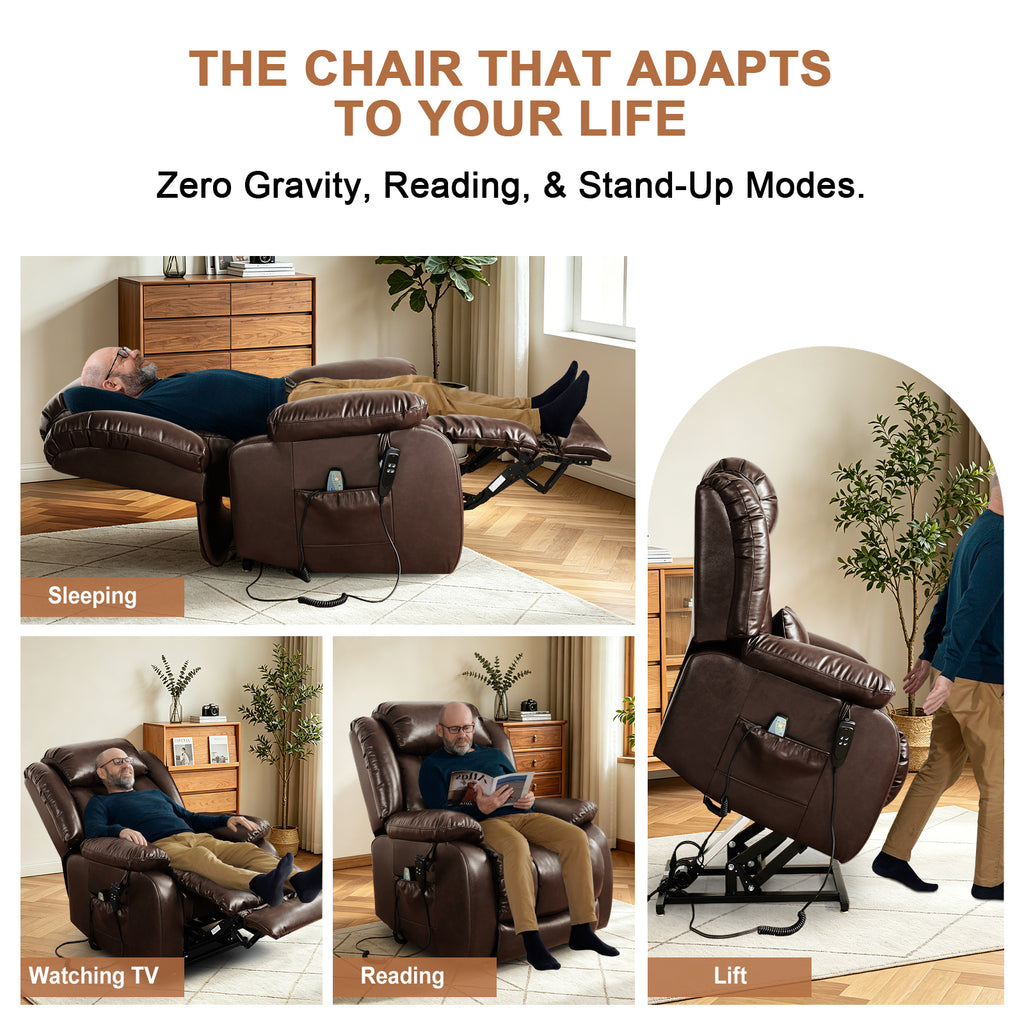 TEKAMON Power Lift Chair Recliner for Elderly with Heat and Massage, Lay Flat Sleeping Recliner Dual Motor Infinite Position Leather Lift Chair for Living Room (Brown)