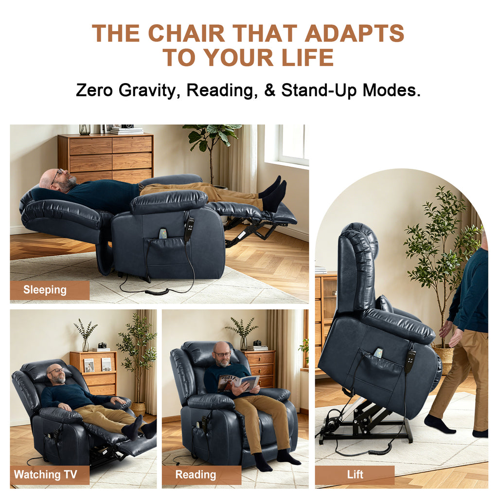 TEKAMON Infinite Position Lift Recliner Chair for Elderly with Heat Massage and Extended Footrest Lay Flat Sleeping Leather Dual Motor Power Lift Chair for Living Room (Blue)