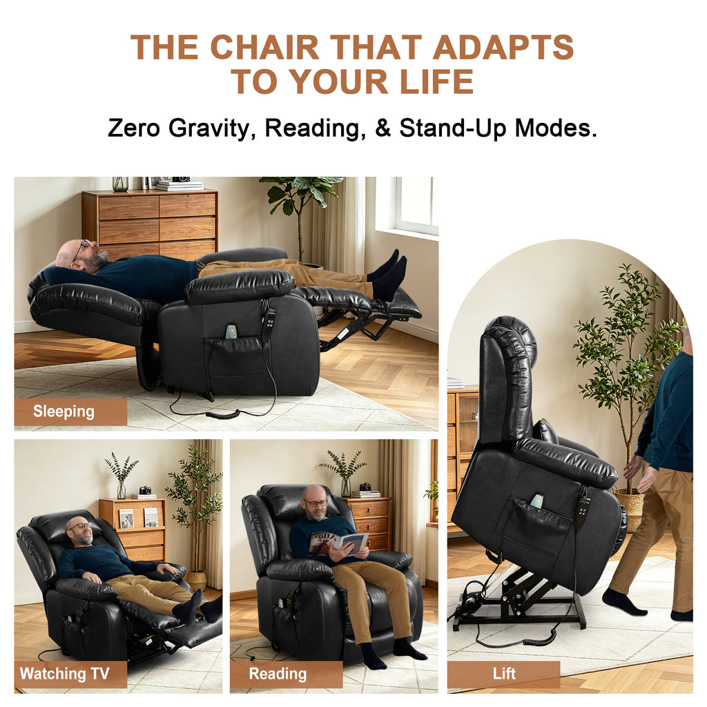 TEKAMON Infinite Position Lift Recliner Chair for Elderly with Heat Massage and Extended Footrest Lay Flat Sleeping Leather Dual Motor Power Lift Chair for Living Room (Black)