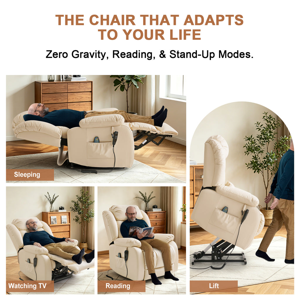 TEKAMON Infinite Position Lift Recliner Chair for Elderly with Heat Massage and Extended Footrest Lay Flat Sleeping Leather Dual Motor Power Lift Chair for Living Room (Beige)